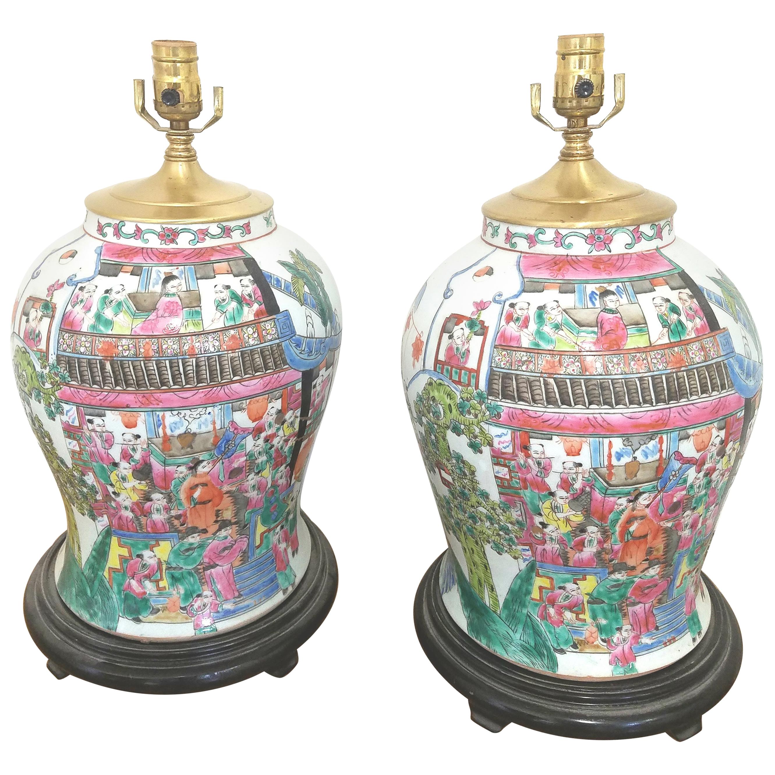 Large Pair of Hand Painted Chinese Porcelain Temple Jars Now as Lamps