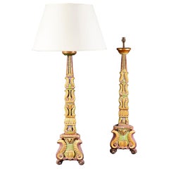 Large Pair of Indo Portuguese Carved and Painted Table Lamps