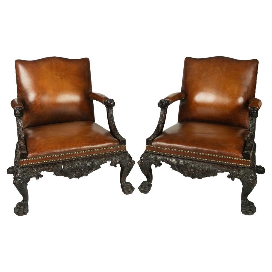 Pair of Bronze Lion Head and Hairy Paw-Foot Library Armchairs, Regency ...