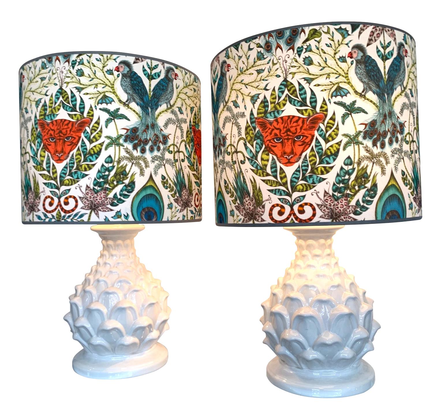 Large Pair of Italian Ceramic Artichoke Lamps with New Emma J Shipley Shades 4