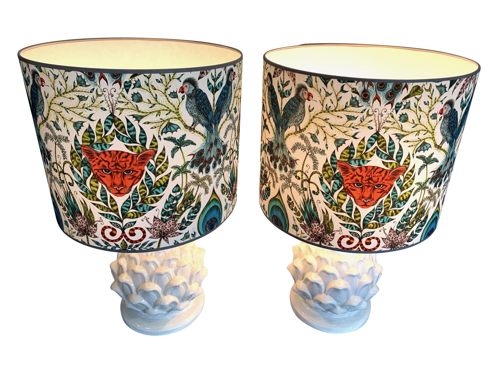Large Pair of Italian Ceramic Artichoke Lamps with New Emma J Shipley Shades 5