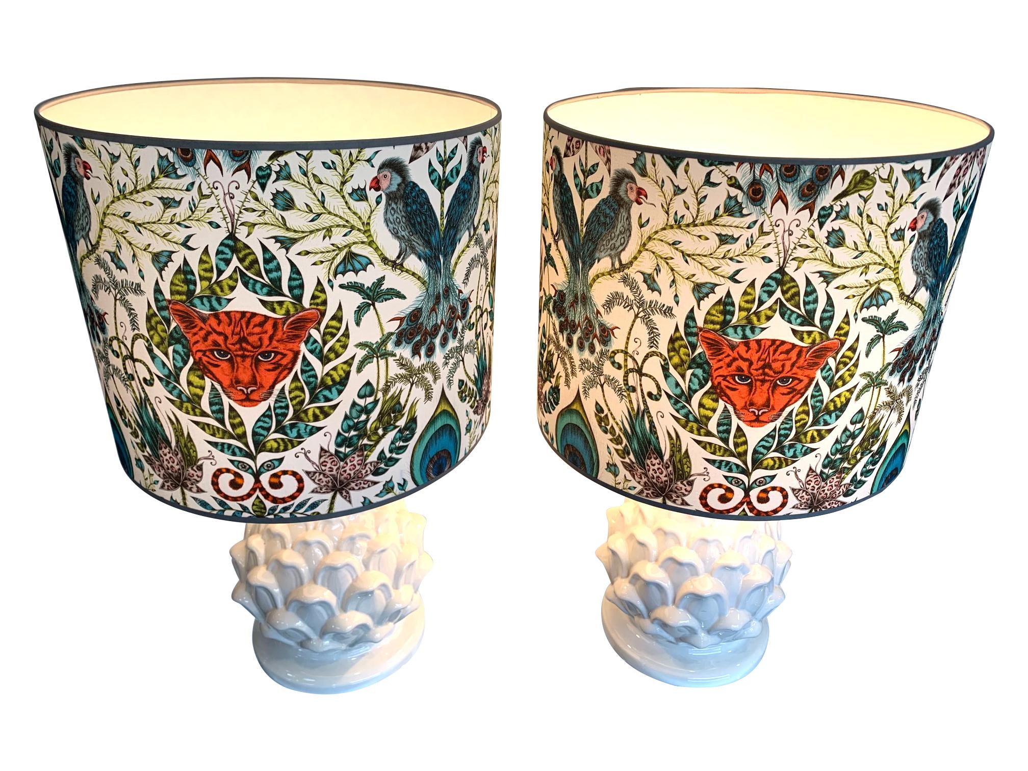Large Pair of Italian Ceramic Artichoke Lamps with New Emma J Shipley Shades 6