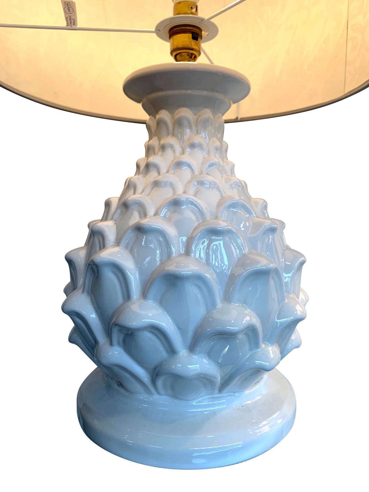 Brass Large Pair of Italian Ceramic Artichoke Lamps with New Emma J Shipley Shades