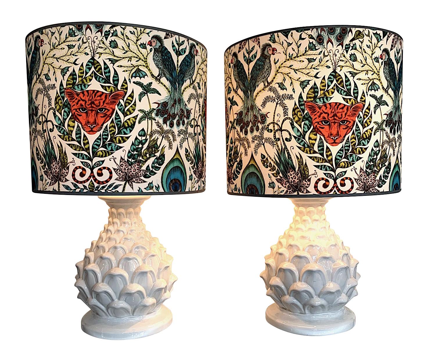 Large Pair of Italian Ceramic Artichoke Lamps with New Emma J Shipley Shades 1