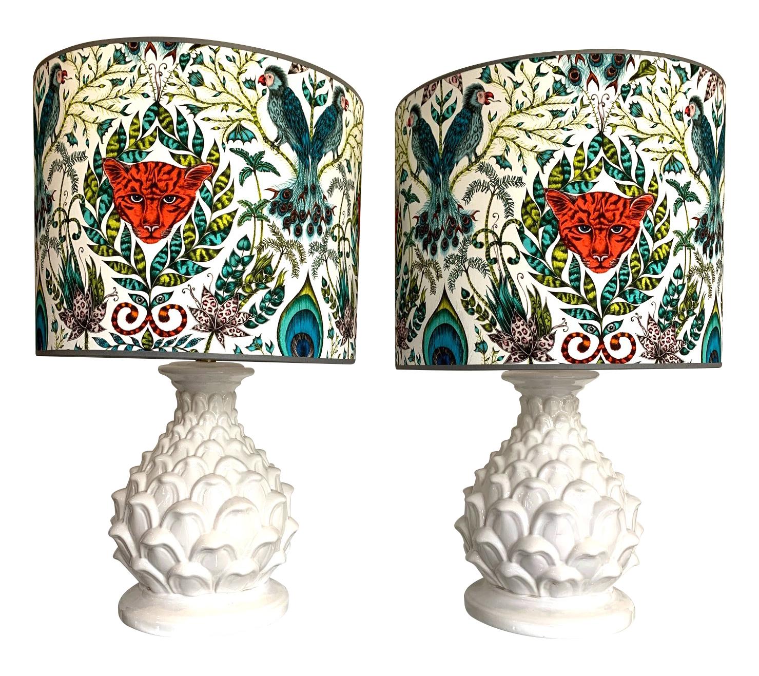 Large Pair of Italian Ceramic Artichoke Lamps with New Emma J Shipley Shades 2