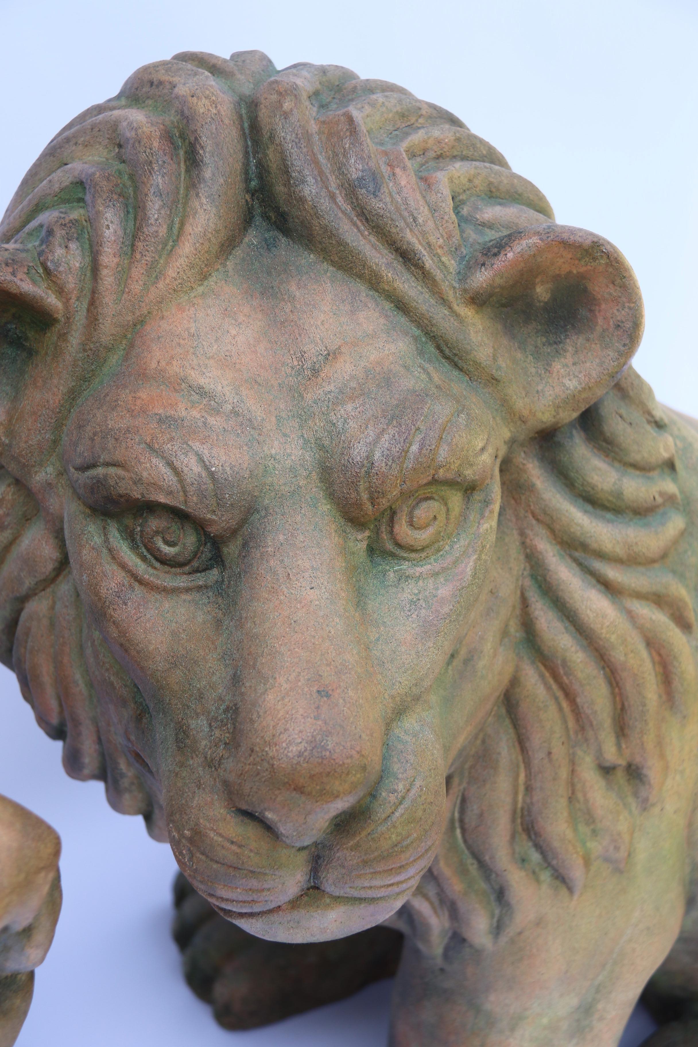 Hand-Crafted Large Pair of Italian Terracotta Seated Classical Lions, circa 1910 For Sale