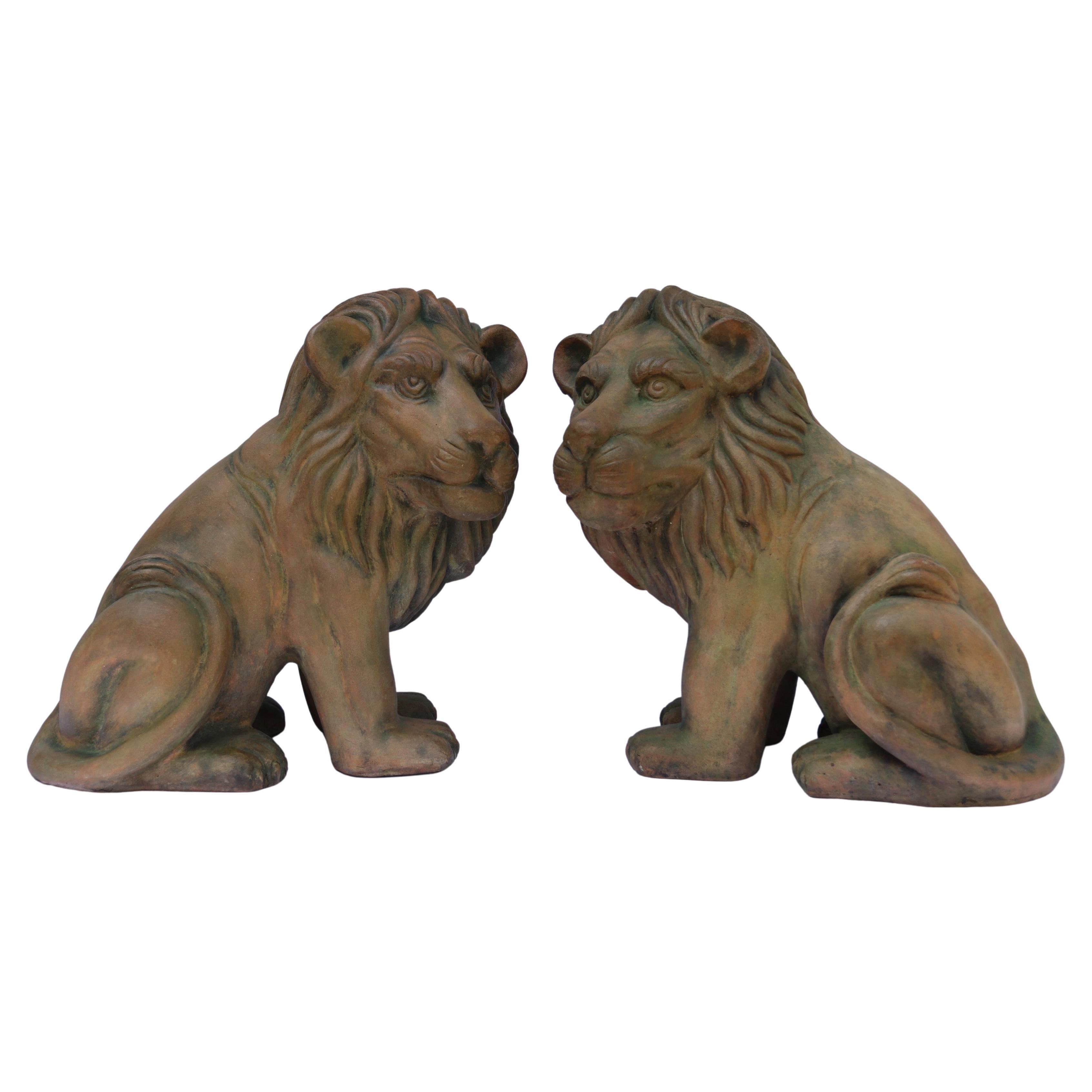 Large Pair of Italian Terracotta Seated Classical Lions, circa 1910 For Sale