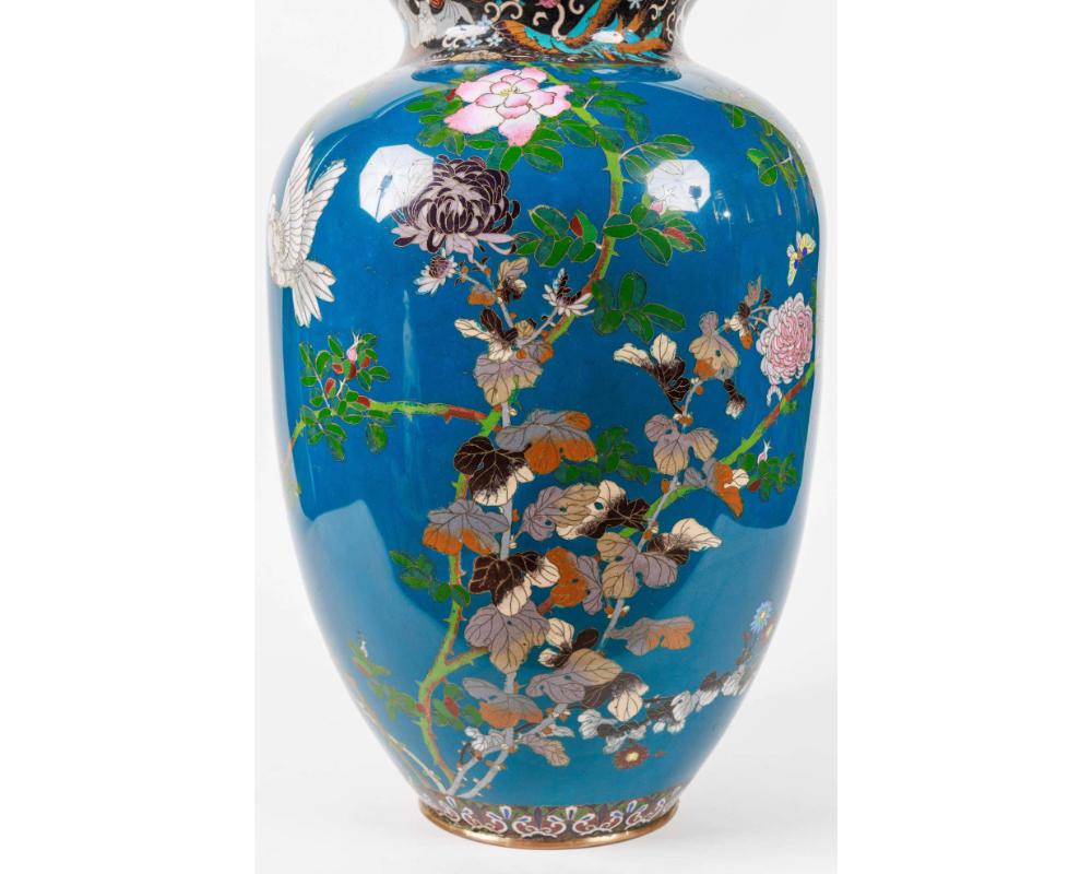 Large Pair of Japanese Cloisonne Enamel Blue-Ground Vases and Covers, Meiji For Sale 5