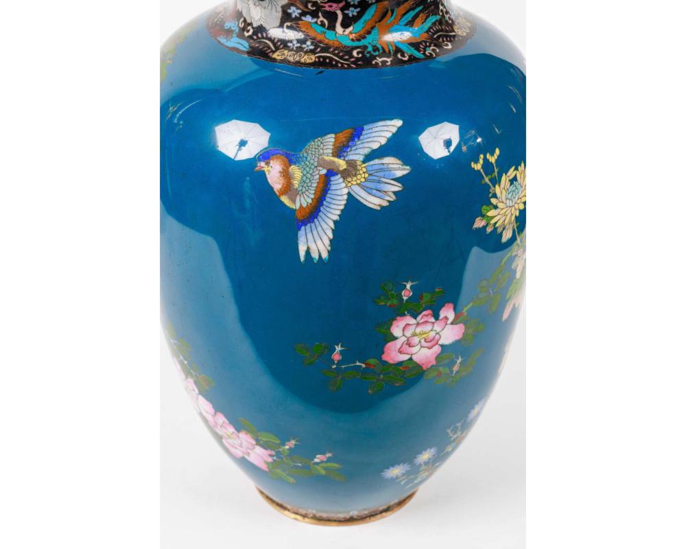 Large Pair of Japanese Cloisonne Enamel Blue-Ground Vases and Covers, Meiji For Sale 9