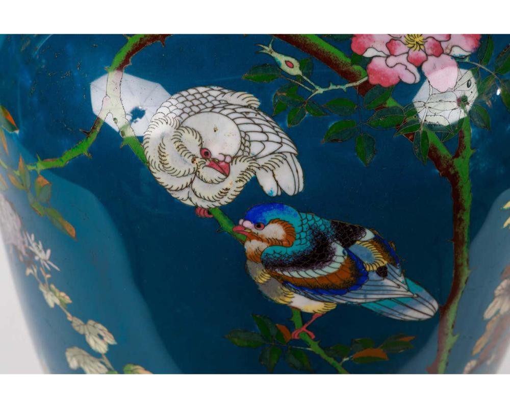 Großes Paar japanischer Vasen und Deckel aus Cloisonné-Emaille mit blauer Umrandung und blauer Glasur, Meiji im Angebot 9