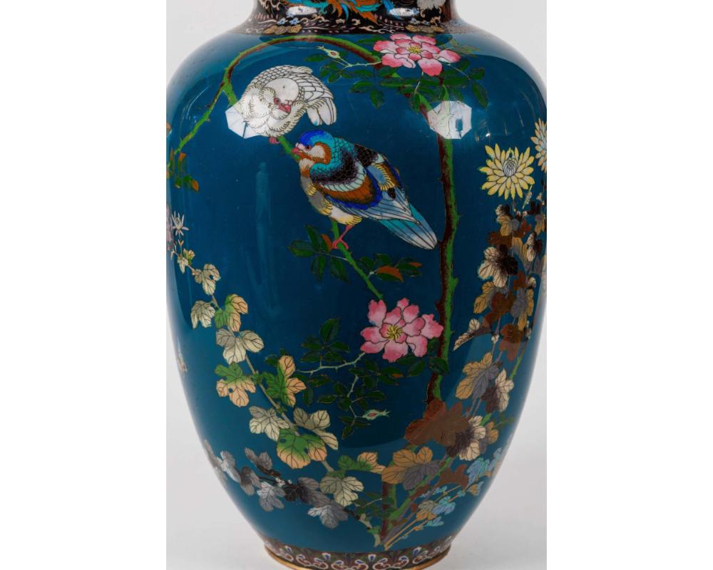 Large Pair of Japanese Cloisonne Enamel Blue-Ground Vases and Covers, Meiji For Sale 11