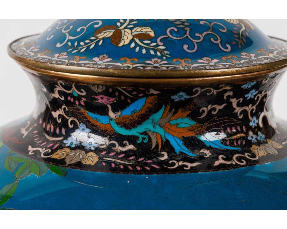 Large Pair of Japanese Cloisonne Enamel Blue-Ground Vases and Covers, Meiji For Sale 15