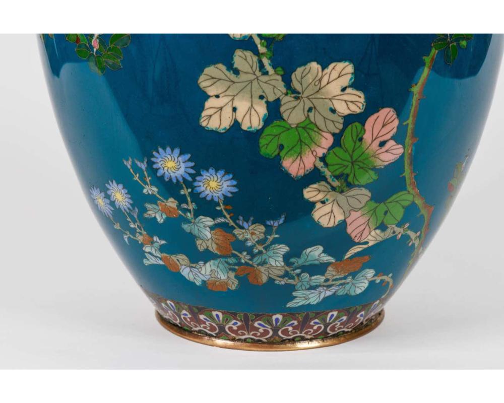 20th Century Large Pair of Japanese Cloisonne Enamel Blue-Ground Vases and Covers, Meiji For Sale