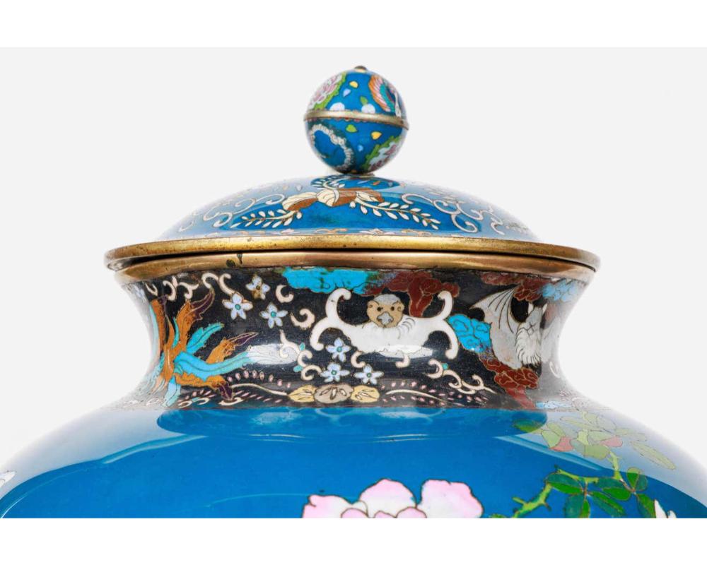 Großes Paar japanischer Vasen und Deckel aus Cloisonné-Emaille mit blauer Umrandung und blauer Glasur, Meiji im Angebot 1