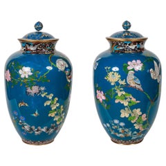 A Large Pair of Japanese Cloisonne Enamel Blue-Ground Vases and Covers, Meiji 