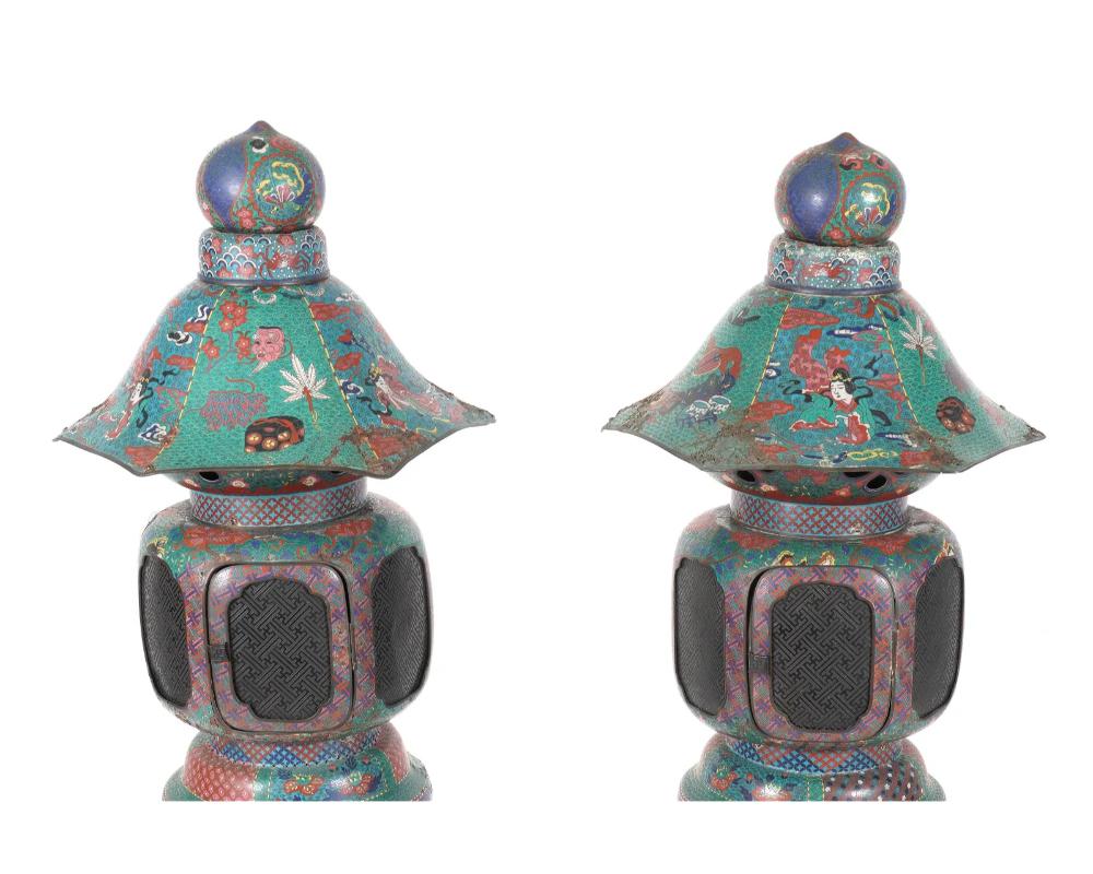 Copper Large Pair of Japanese Cloisonne Enamel Lanterns Attributed to Kaji Tsunekichi For Sale