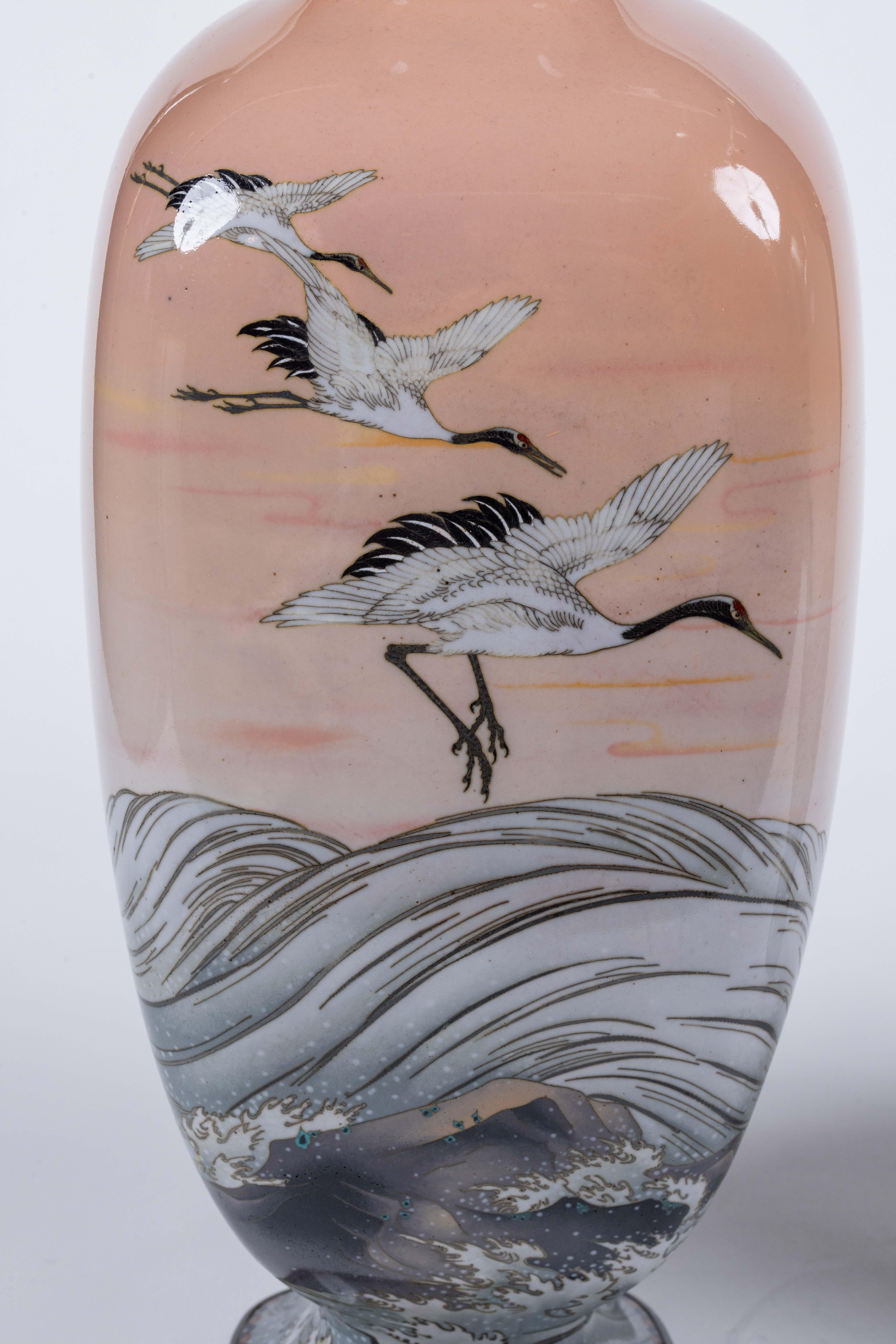 A Large Pair of Japanese Cloisonne Pink-Ground Vases Featuring Sunset and Cranes For Sale 4
