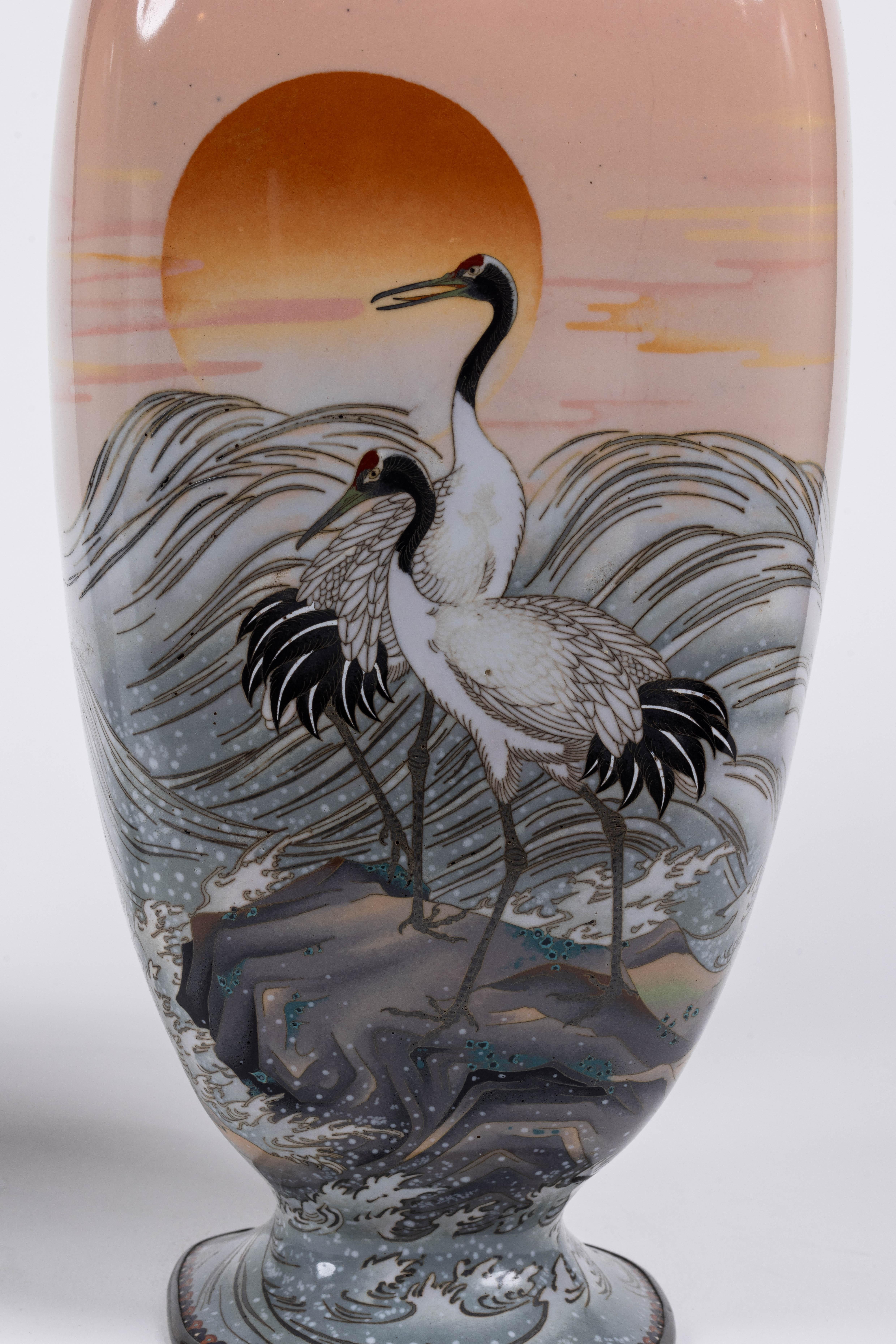 A Large Pair of Japanese Cloisonne Pink-Ground Vases Featuring Sunset and Cranes For Sale 6