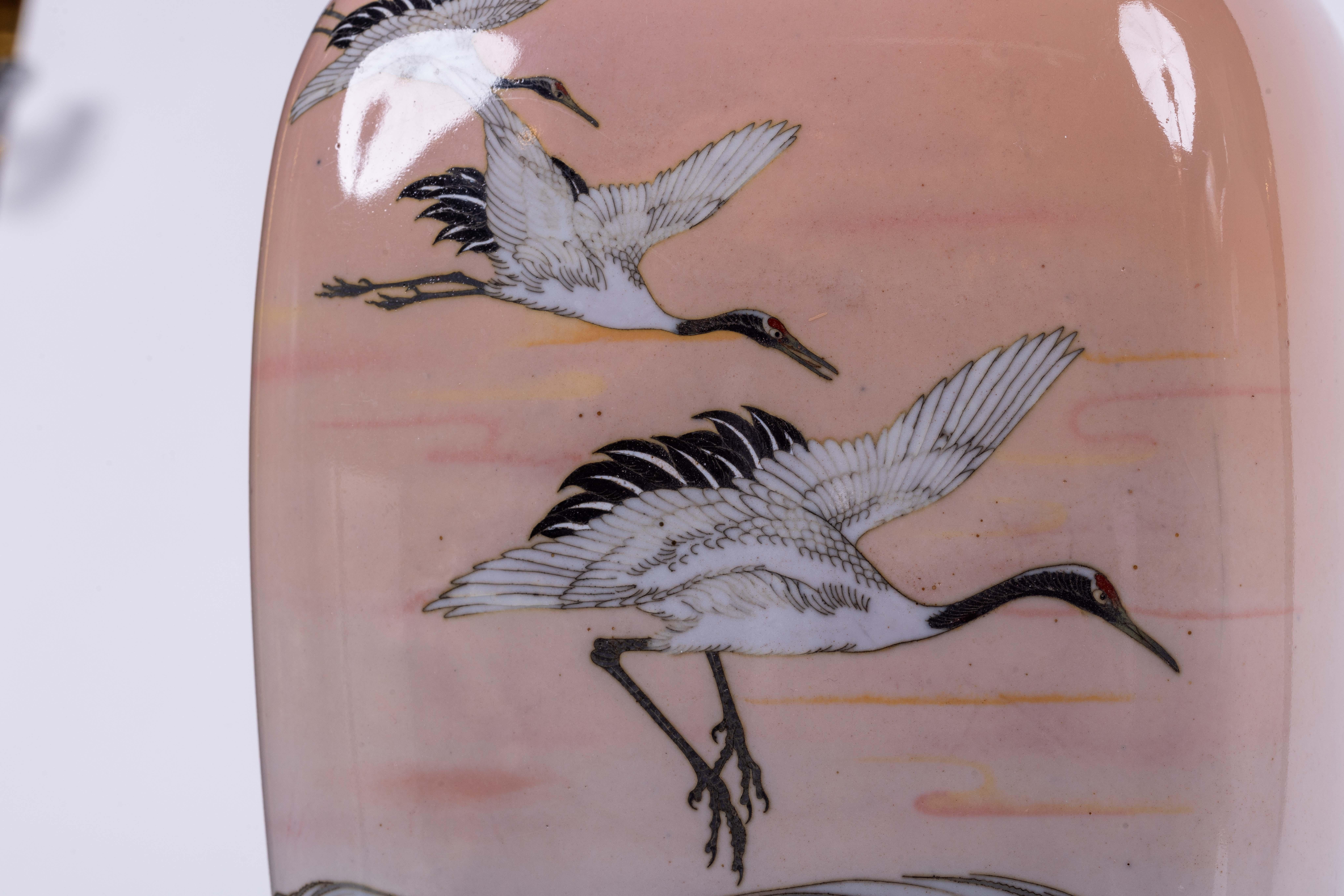 A Large Pair of Japanese Cloisonne Pink-Ground Vases Featuring Sunset and Cranes For Sale 3