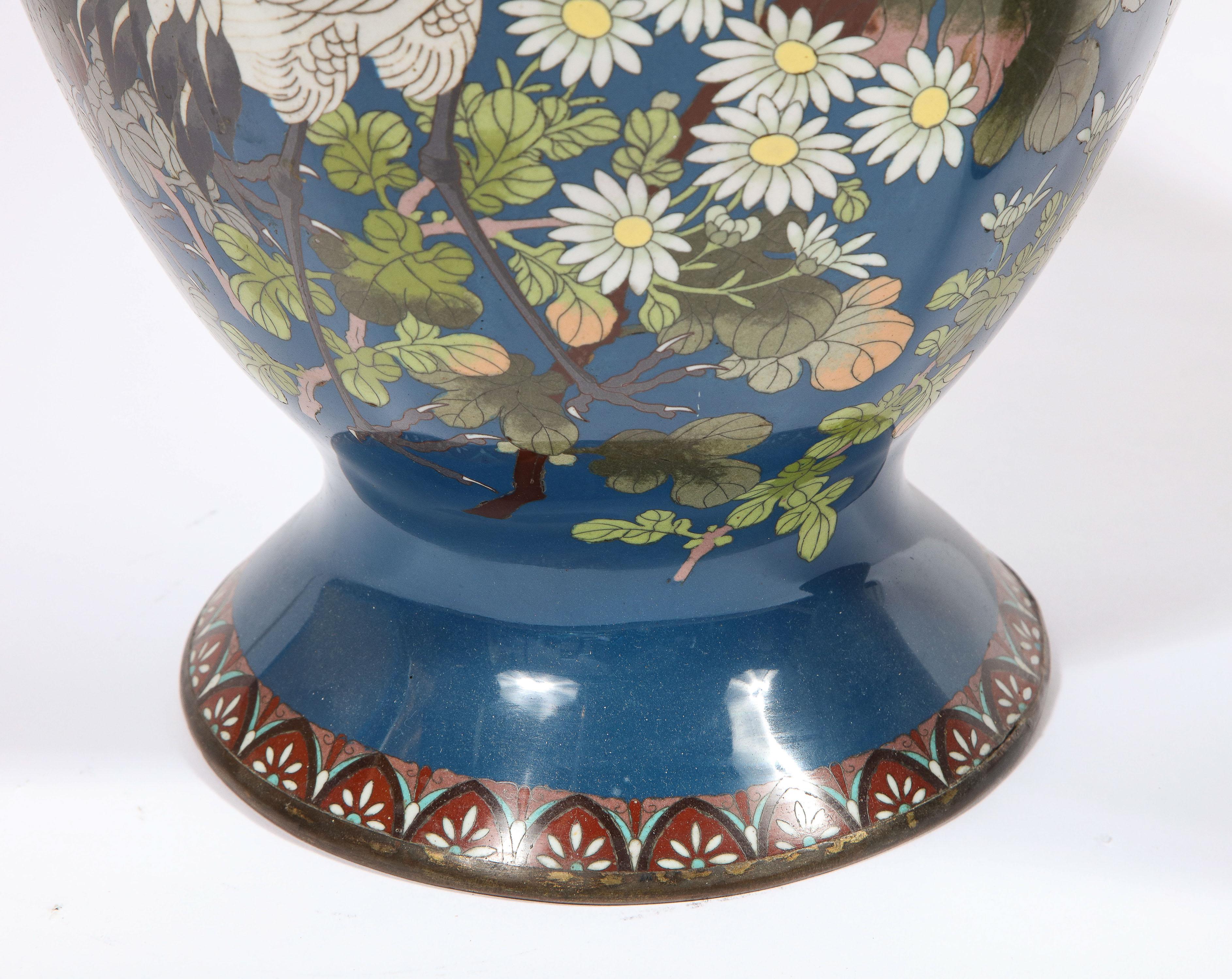 Large Pair of Japanese Meiji Period Blue-Ground Cloisonne Enamel Vases 6