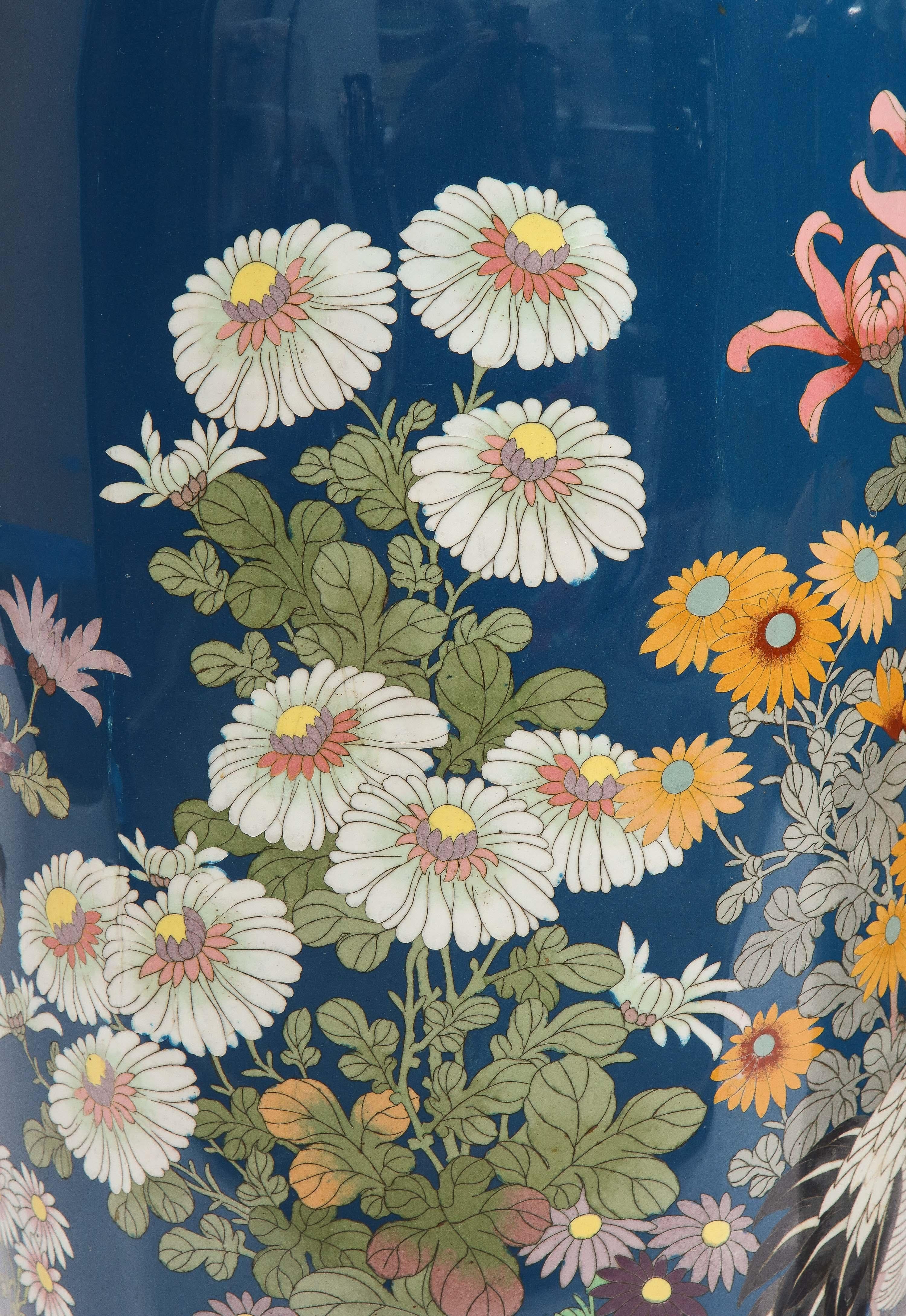 Large Pair of Japanese Meiji Period Blue-Ground Cloisonne Enamel Vases 7