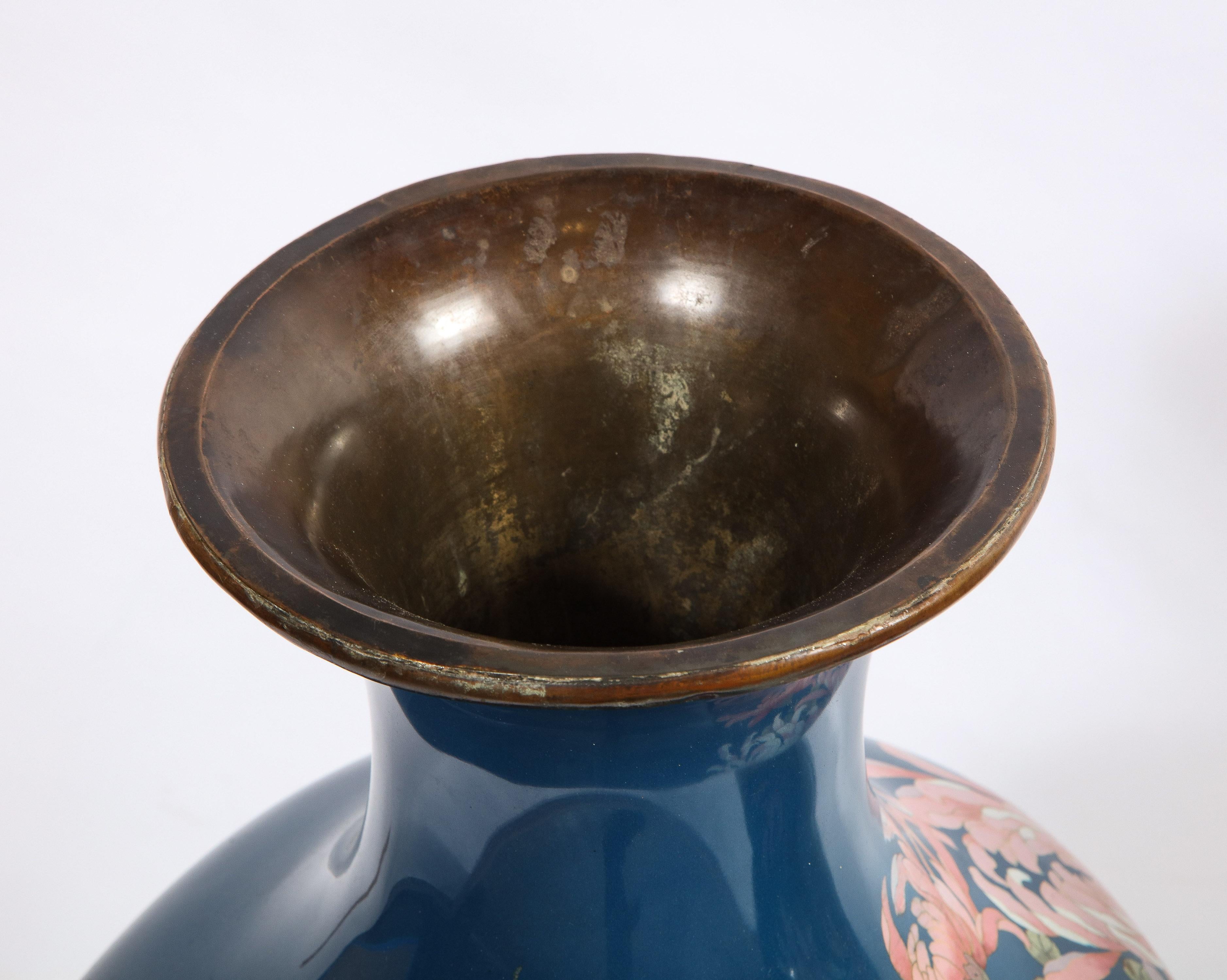 Large Pair of Japanese Meiji Period Blue-Ground Cloisonne Enamel Vases 8