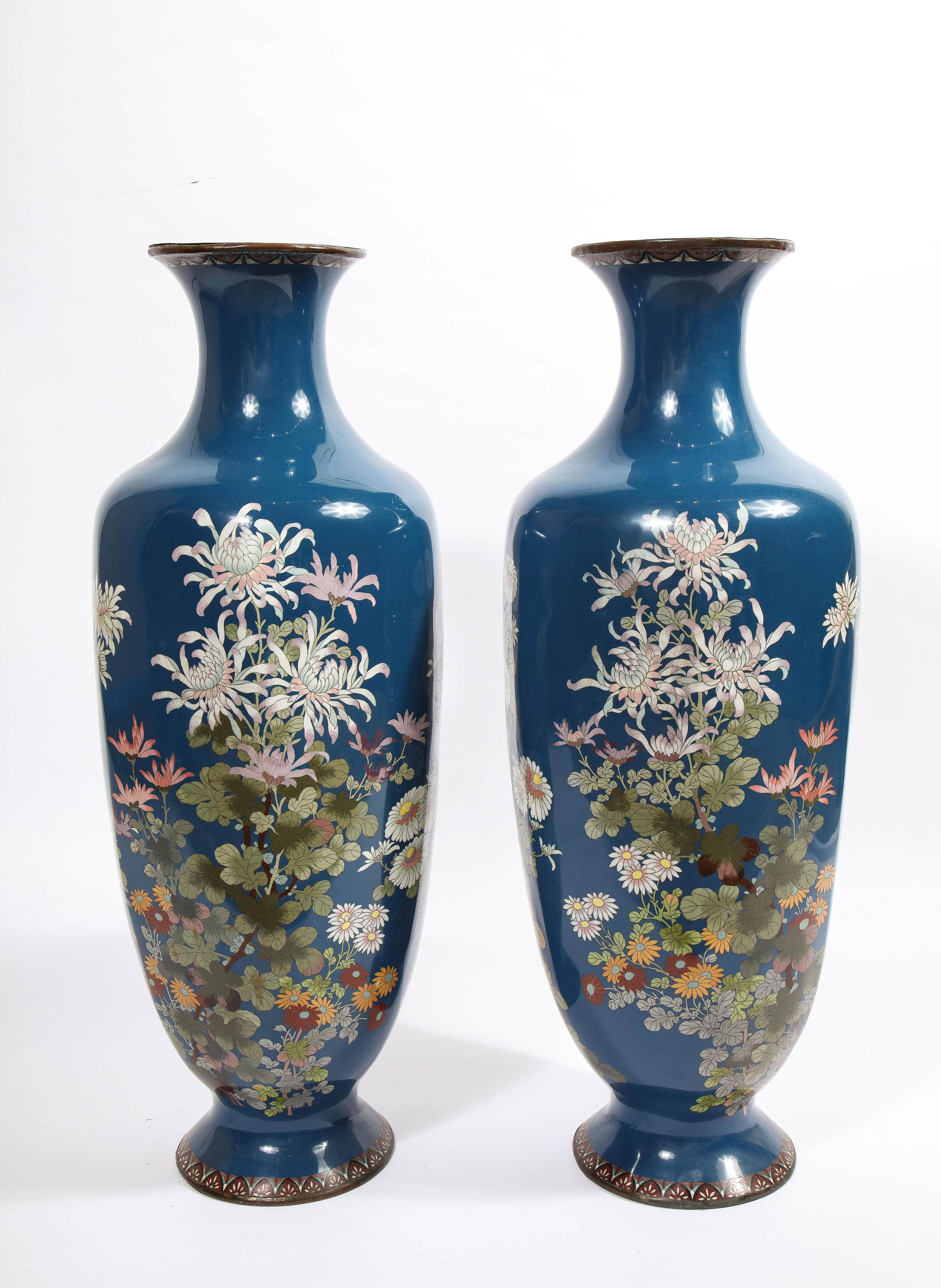 Large Pair of Japanese Meiji Period Blue-Ground Cloisonne Enamel Vases 9