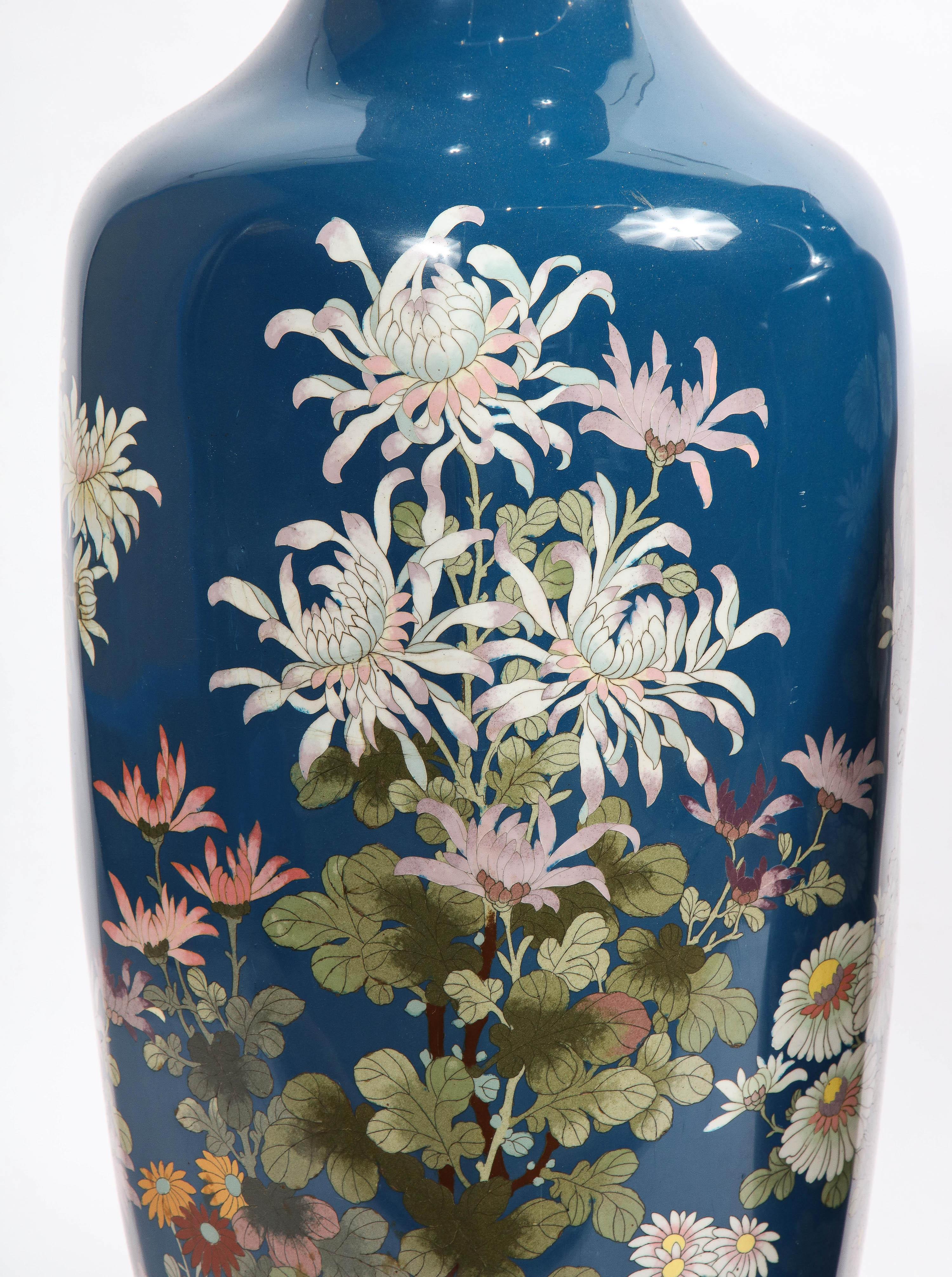 Large Pair of Japanese Meiji Period Blue-Ground Cloisonne Enamel Vases 10