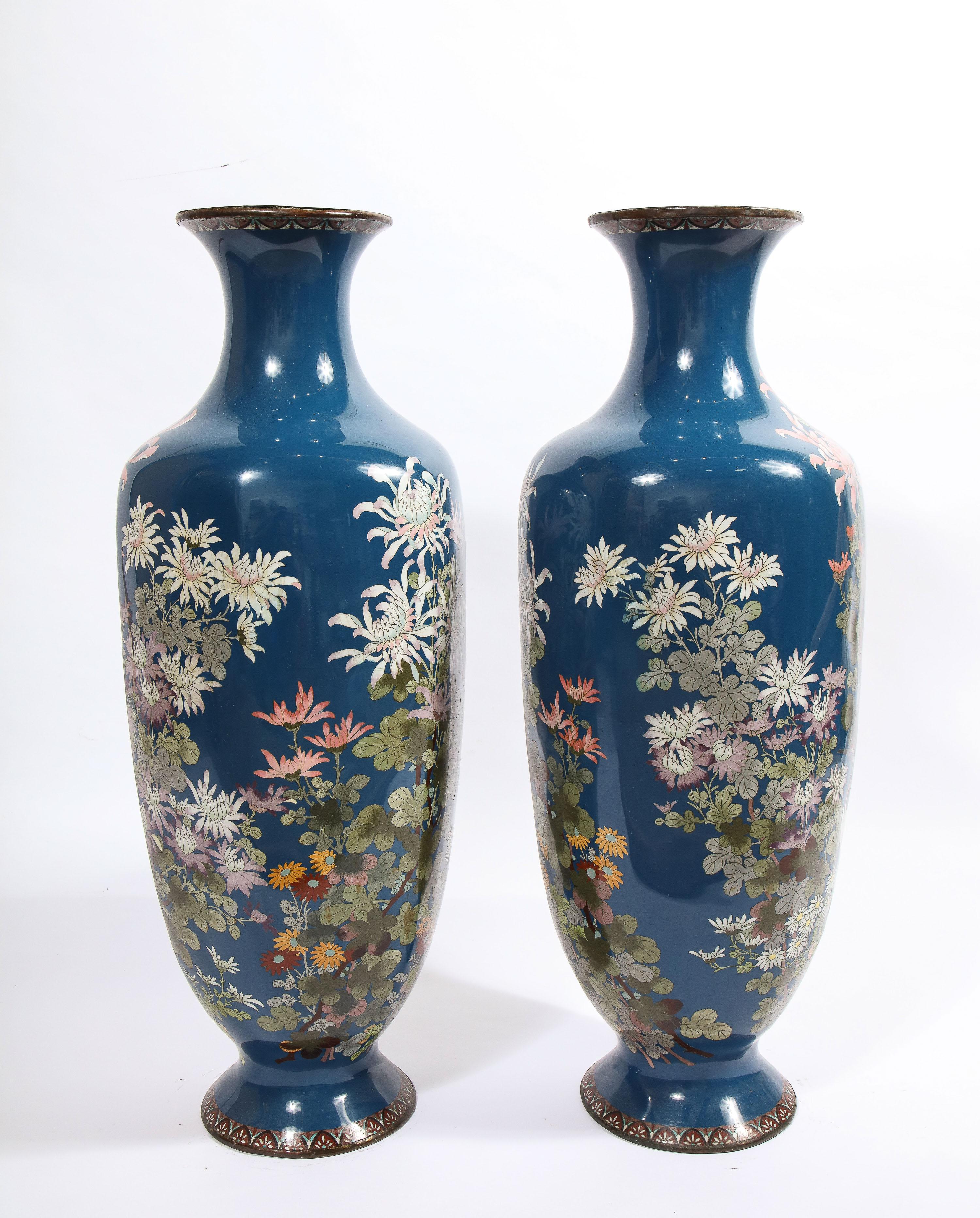 Large Pair of Japanese Meiji Period Blue-Ground Cloisonne Enamel Vases 11