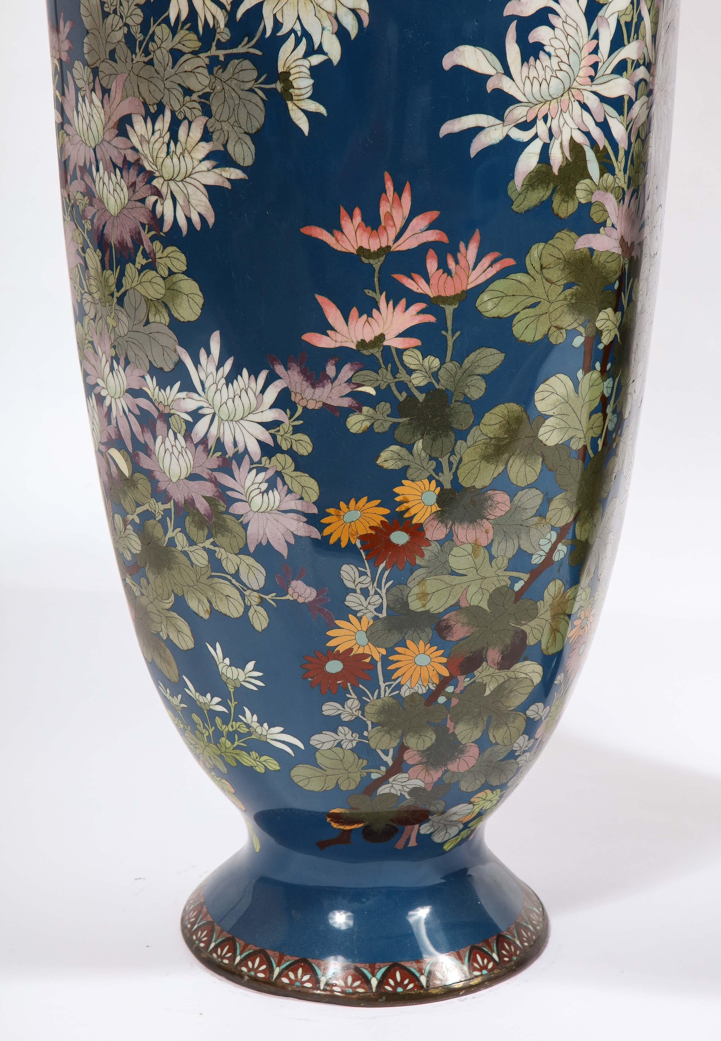 Large Pair of Japanese Meiji Period Blue-Ground Cloisonne Enamel Vases 12