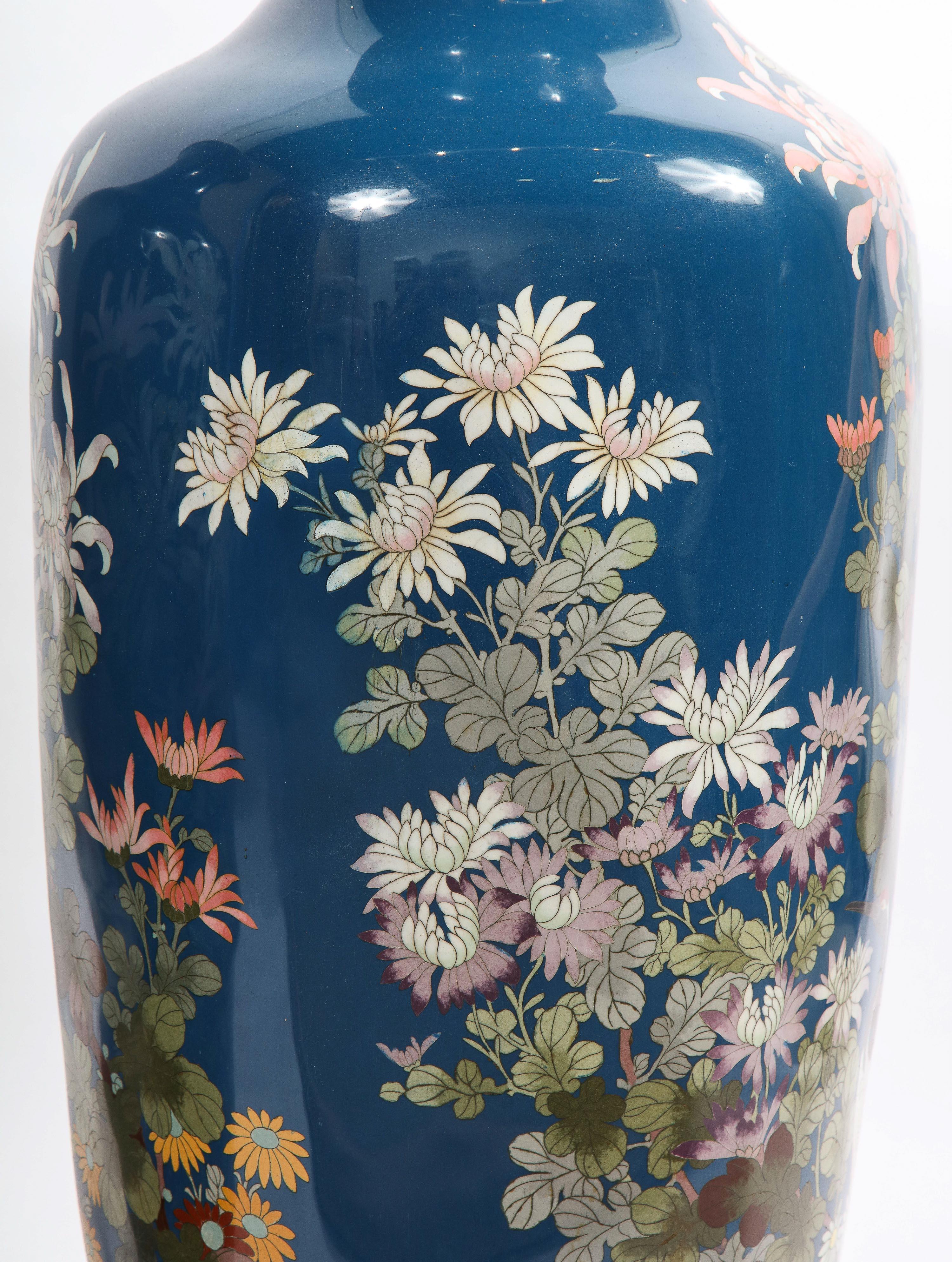 Large Pair of Japanese Meiji Period Blue-Ground Cloisonne Enamel Vases 13