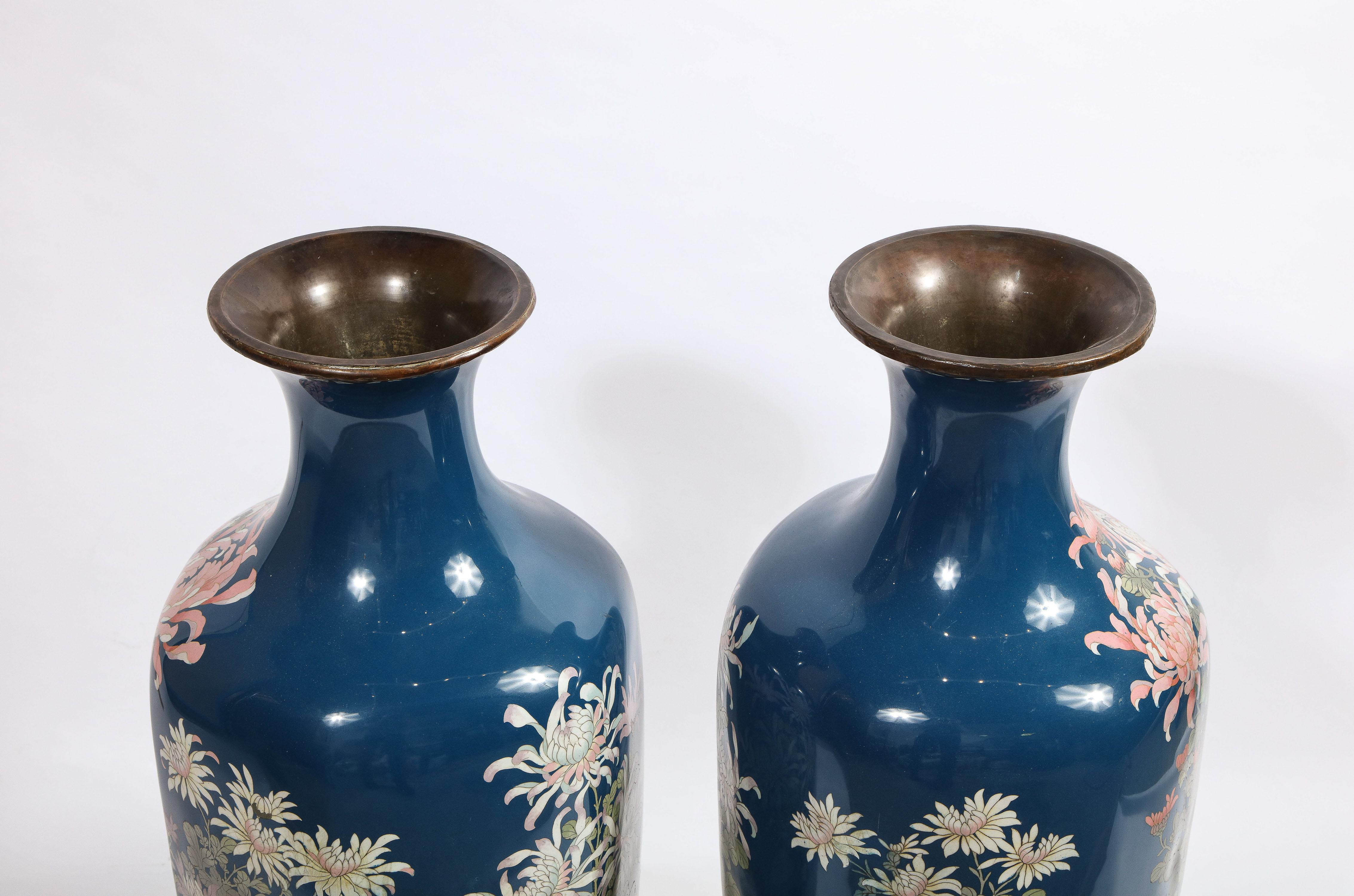 Large Pair of Japanese Meiji Period Blue-Ground Cloisonne Enamel Vases 14