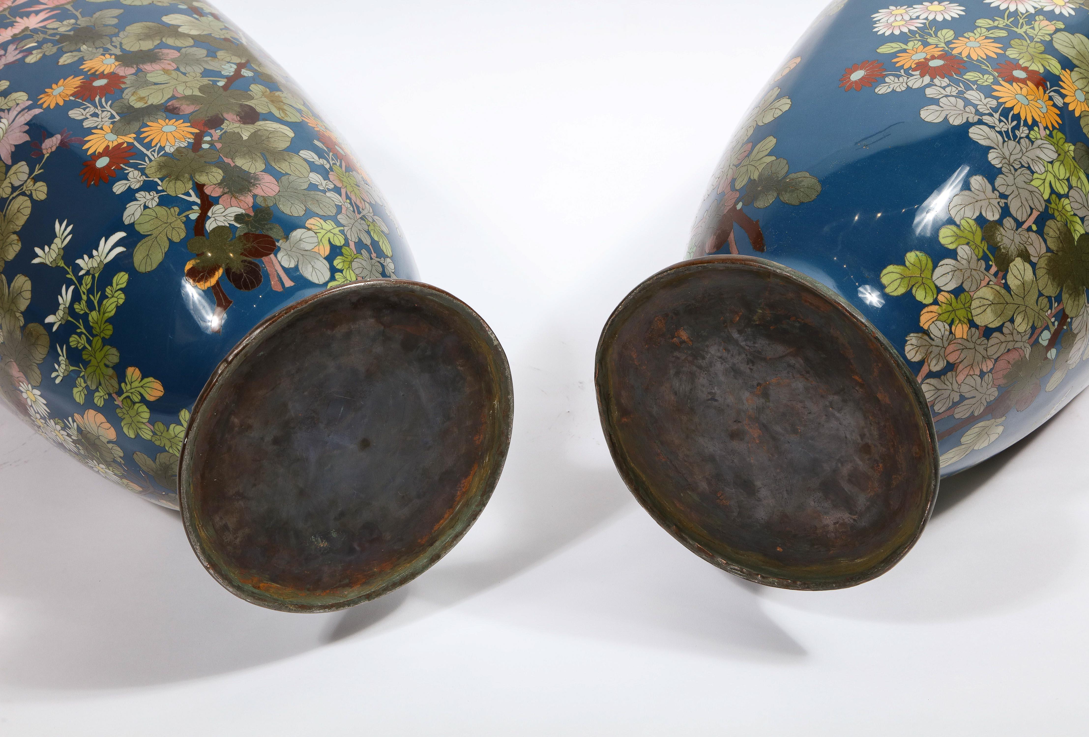 Large Pair of Japanese Meiji Period Blue-Ground Cloisonne Enamel Vases 15