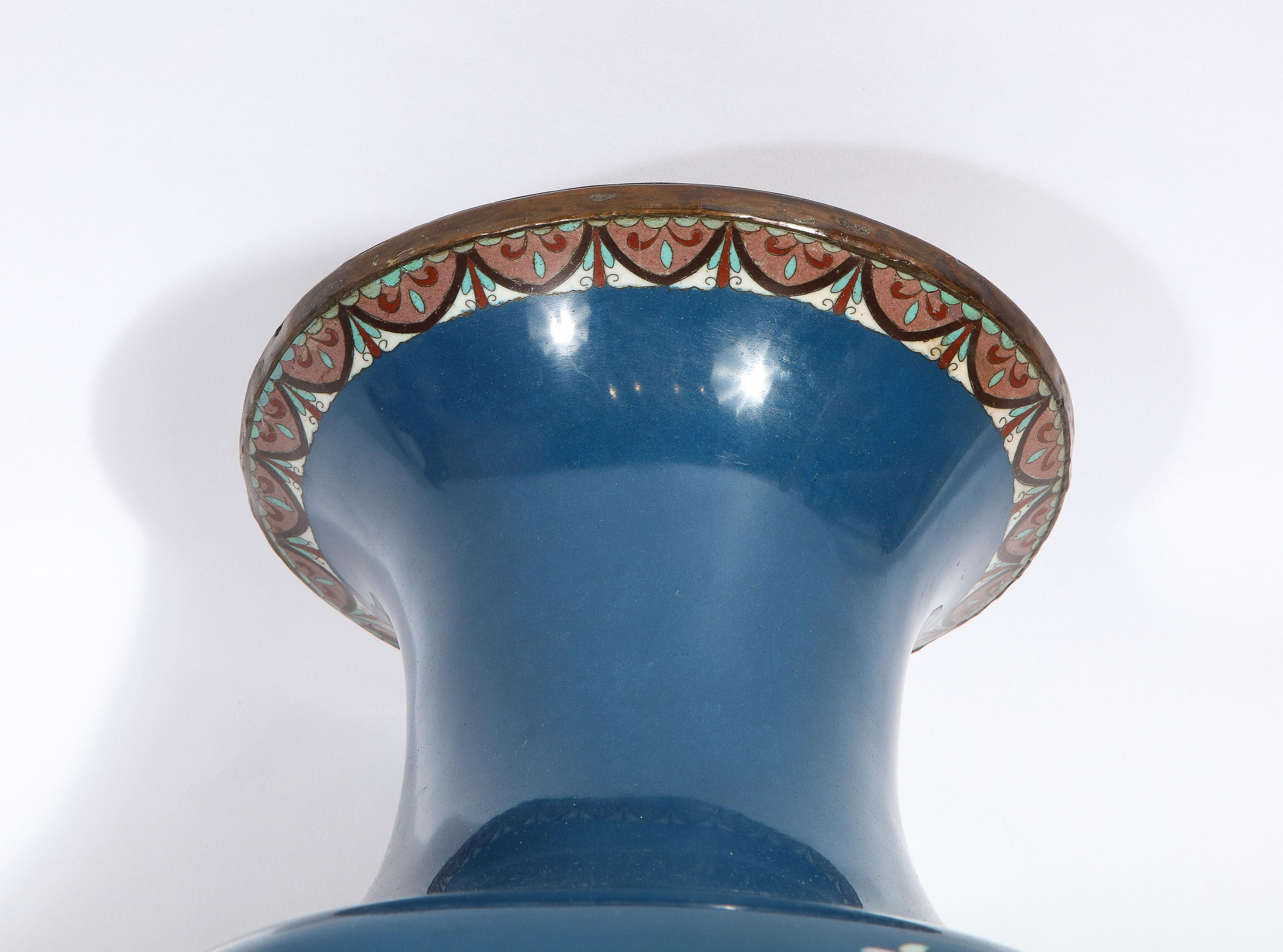 Large Pair of Japanese Meiji Period Blue-Ground Cloisonne Enamel Vases 16
