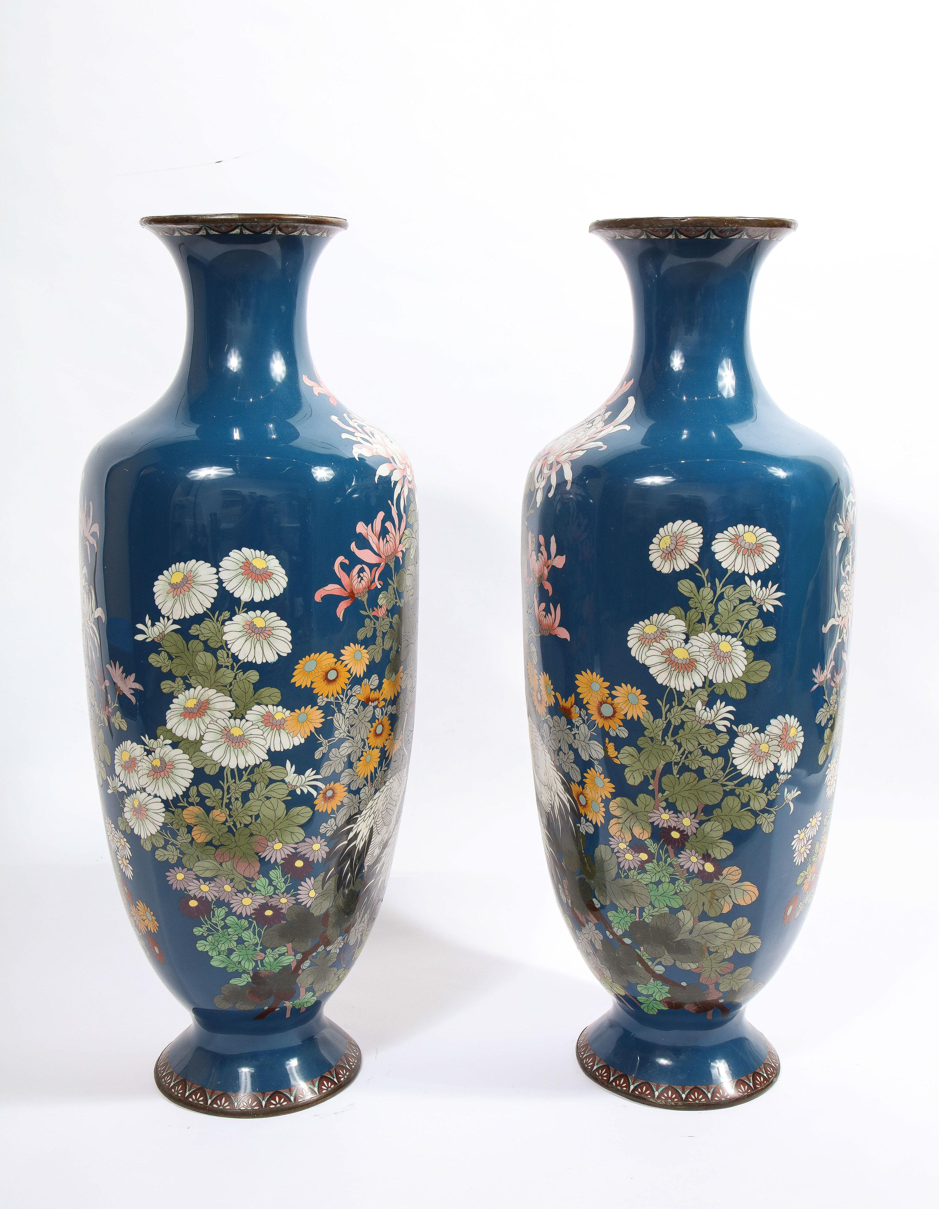 Large Pair of Japanese Meiji Period Blue-Ground Cloisonne Enamel Vases In Good Condition In New York, NY