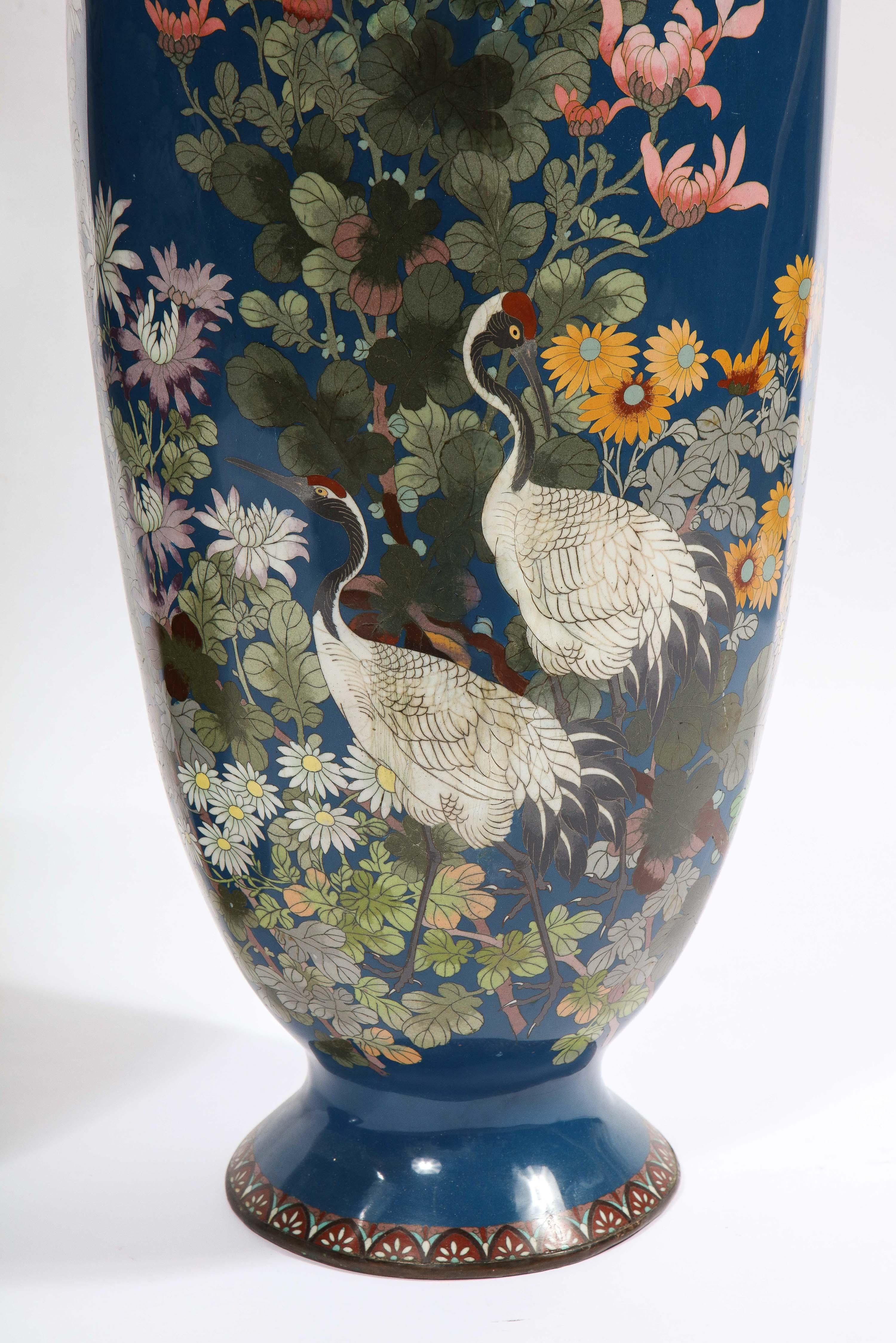 19th Century Large Pair of Japanese Meiji Period Blue-Ground Cloisonne Enamel Vases