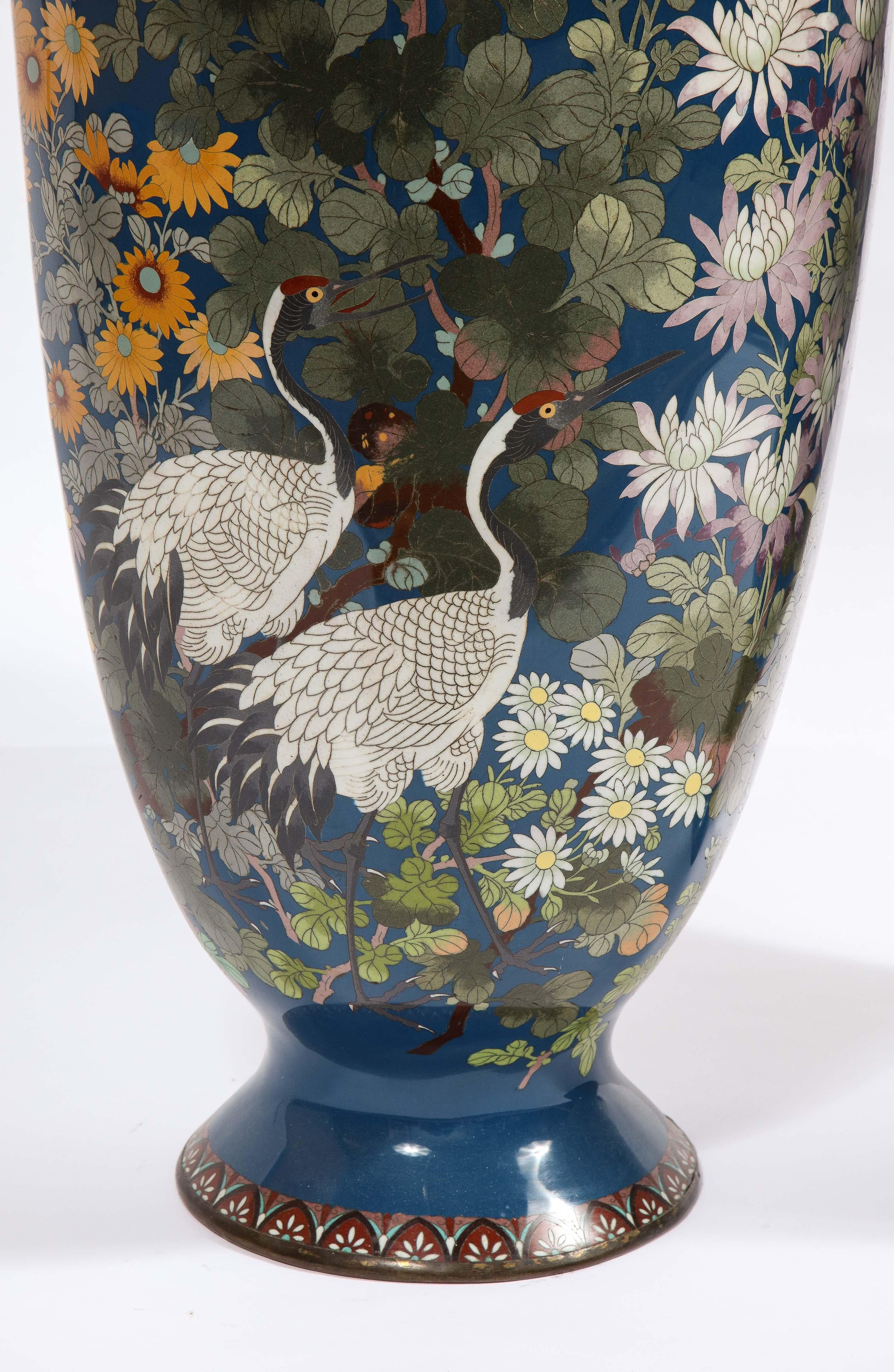 Large Pair of Japanese Meiji Period Blue-Ground Cloisonne Enamel Vases 1