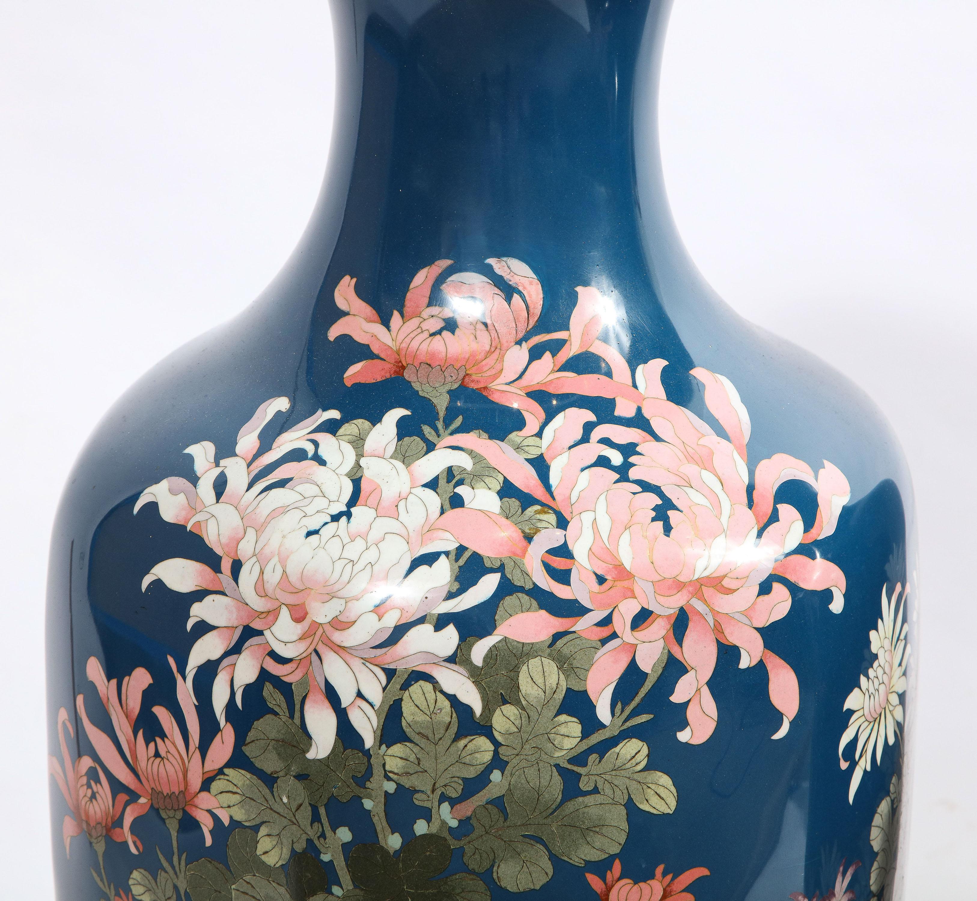 Large Pair of Japanese Meiji Period Blue-Ground Cloisonne Enamel Vases 2