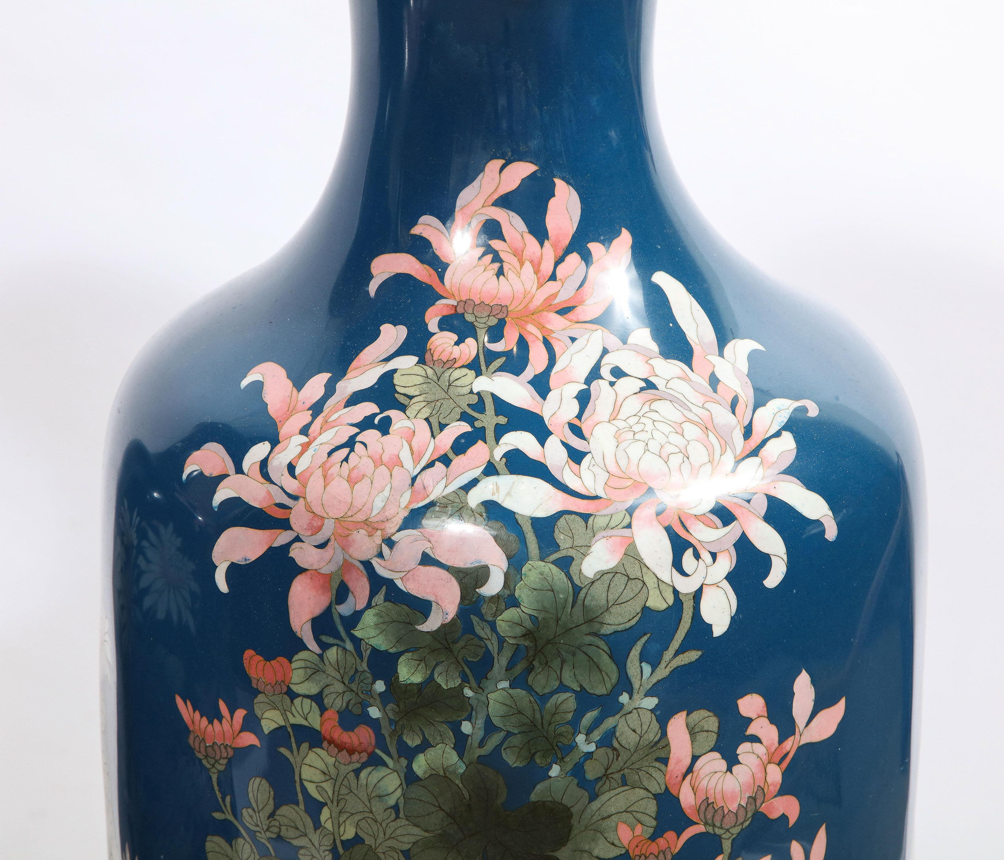 Large Pair of Japanese Meiji Period Blue-Ground Cloisonne Enamel Vases 3