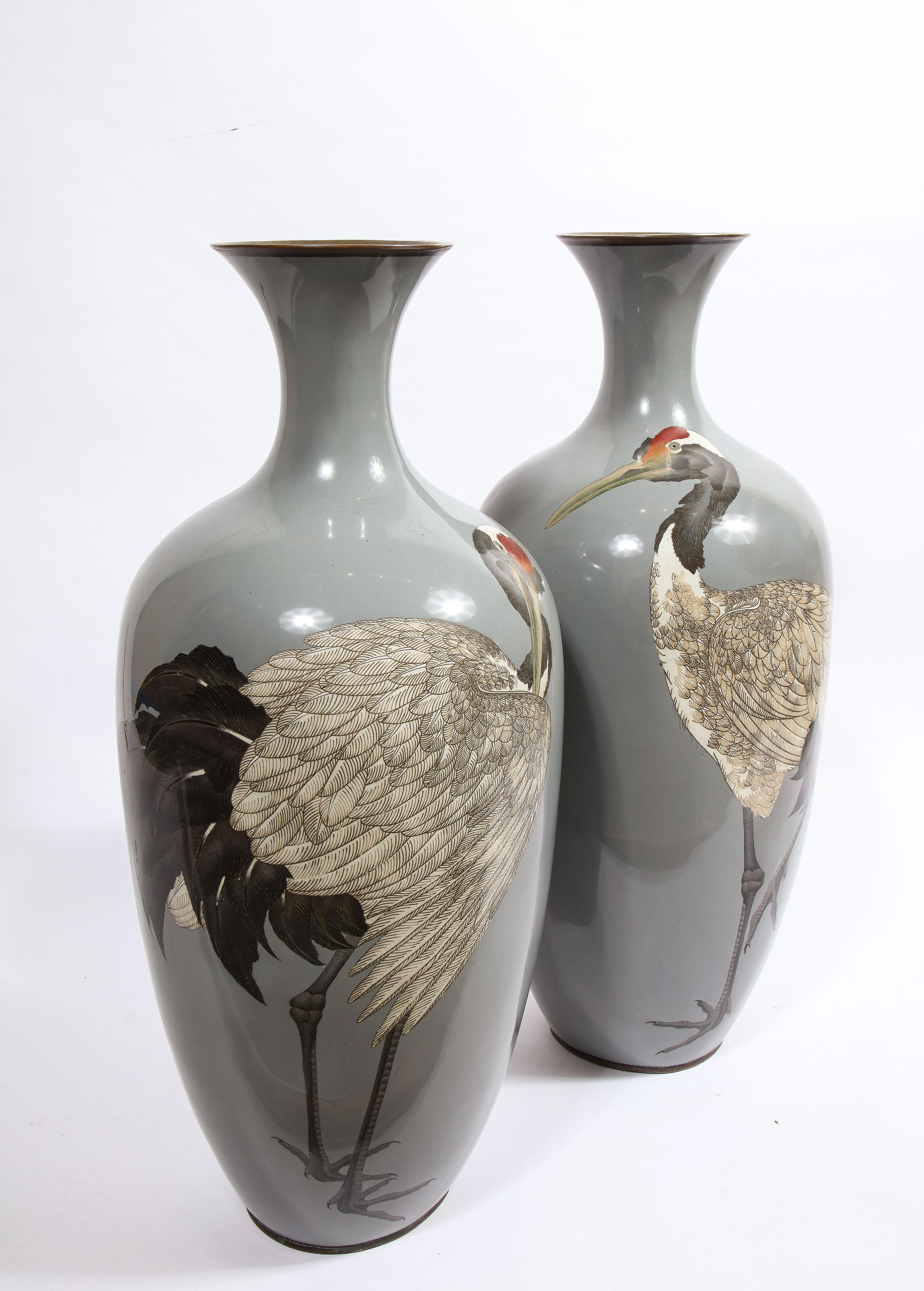 Large Pair of Japanese Meiji Period Cloisonne Enamel Vases with Cranes 11