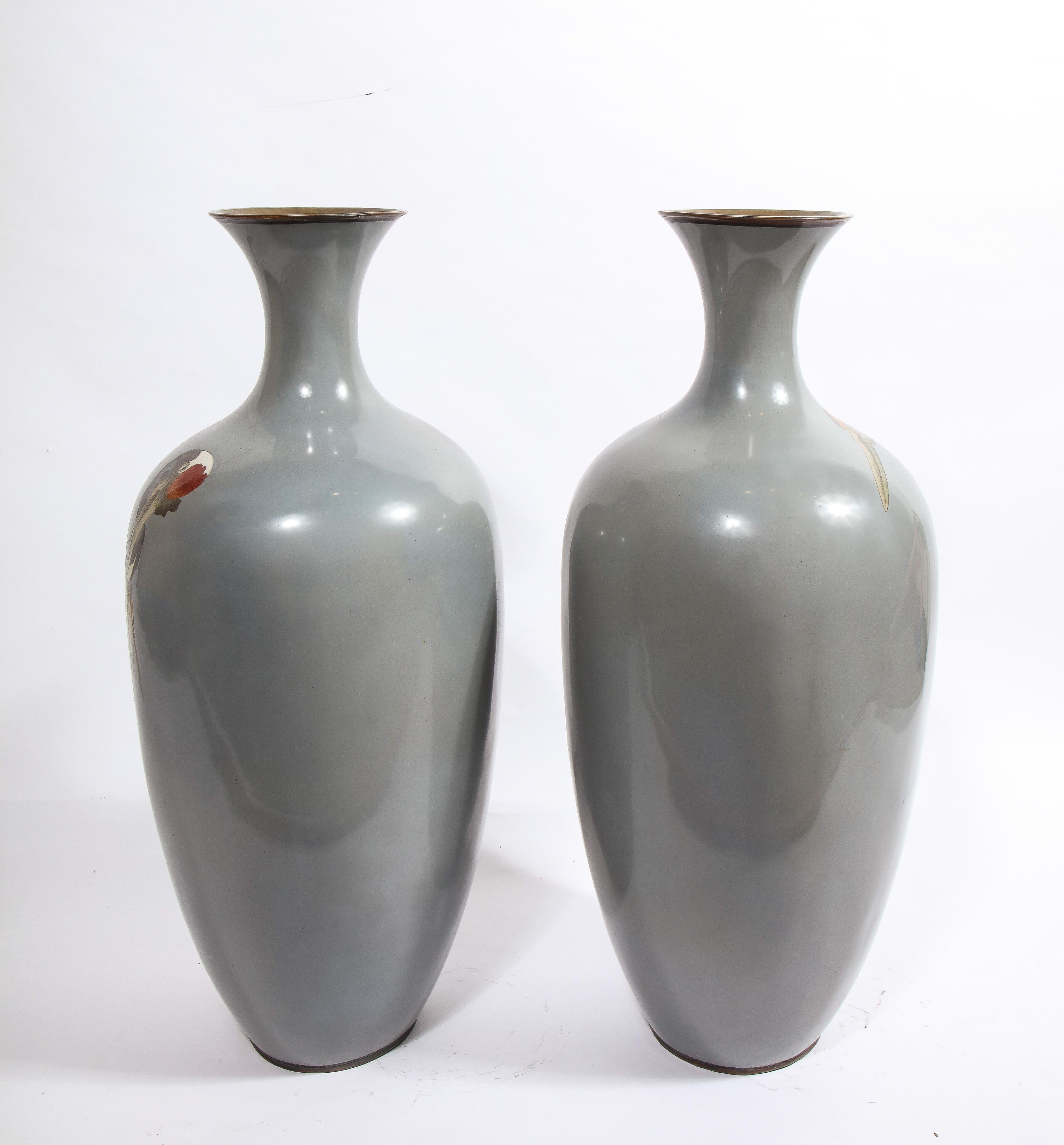 Large Pair of Japanese Meiji Period Cloisonne Enamel Vases with Cranes 13