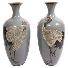 Large Pair of Japanese Meiji Period Cloisonne Enamel Vases with Cranes