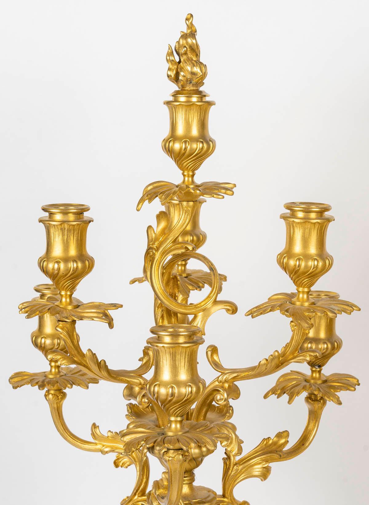 French A Large Pair of Louis XV Style Gilt Bronze Candelabra, Signed Barbedienne. For Sale