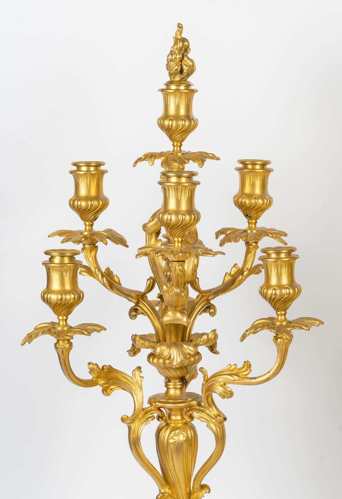 A Large Pair of Louis XV Style Gilt Bronze Candelabra, Signed Barbedienne. In Good Condition For Sale In Saint-Ouen, FR