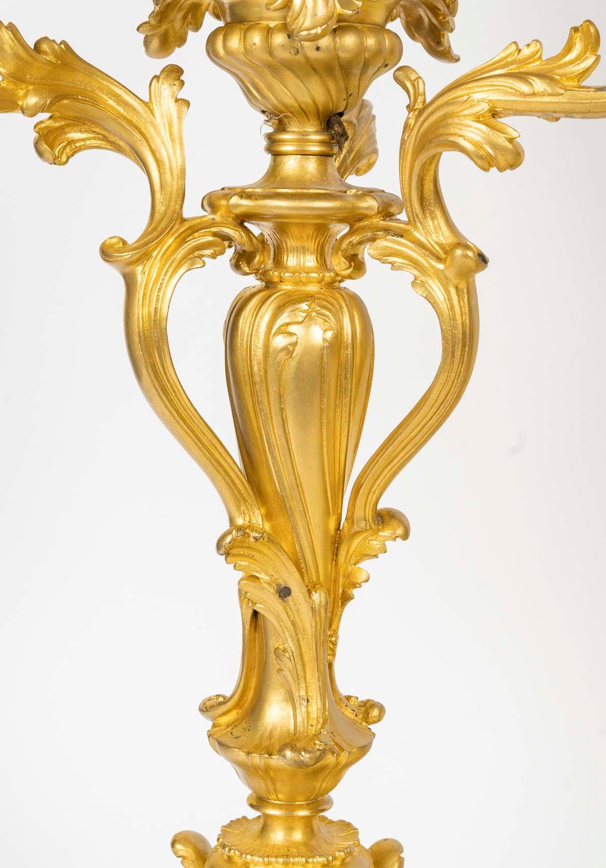 A Large Pair of Louis XV Style Gilt Bronze Candelabra, Signed Barbedienne. For Sale 1