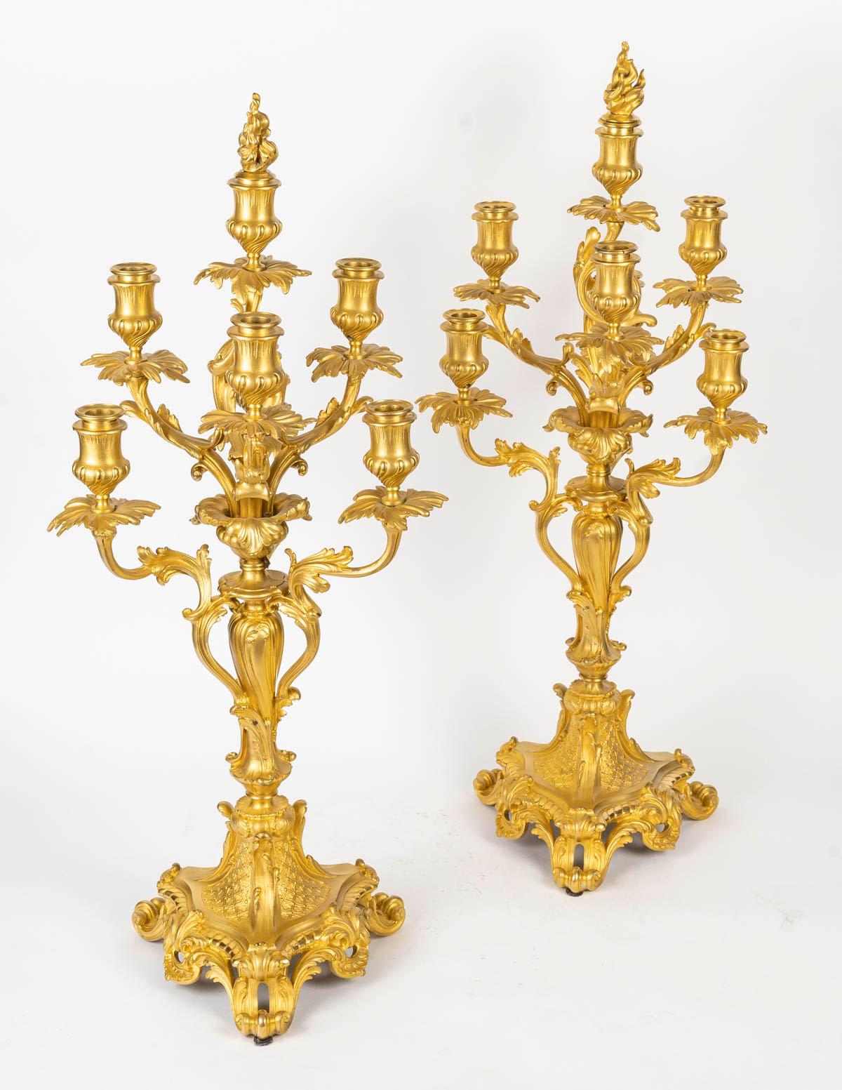 A Large Pair of Louis XV Style Gilt Bronze Candelabra, Signed Barbedienne. For Sale 2