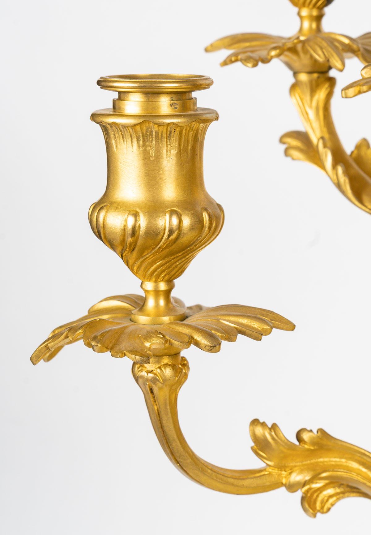 A Large Pair of Louis XV Style Gilt Bronze Candelabra, Signed Barbedienne. For Sale 3