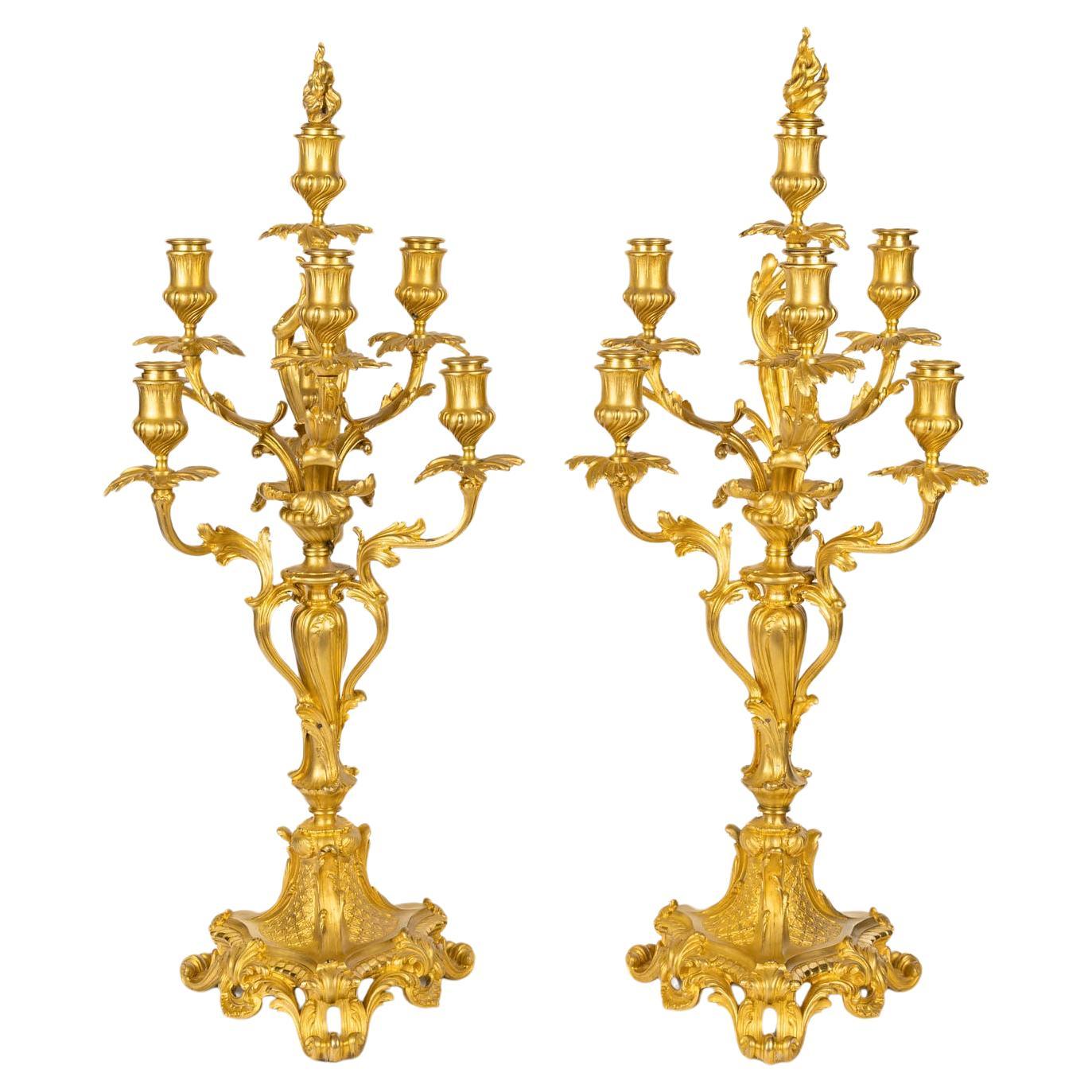 A Large Pair of Louis XV Style Gilt Bronze Candelabra, Signed Barbedienne. For Sale