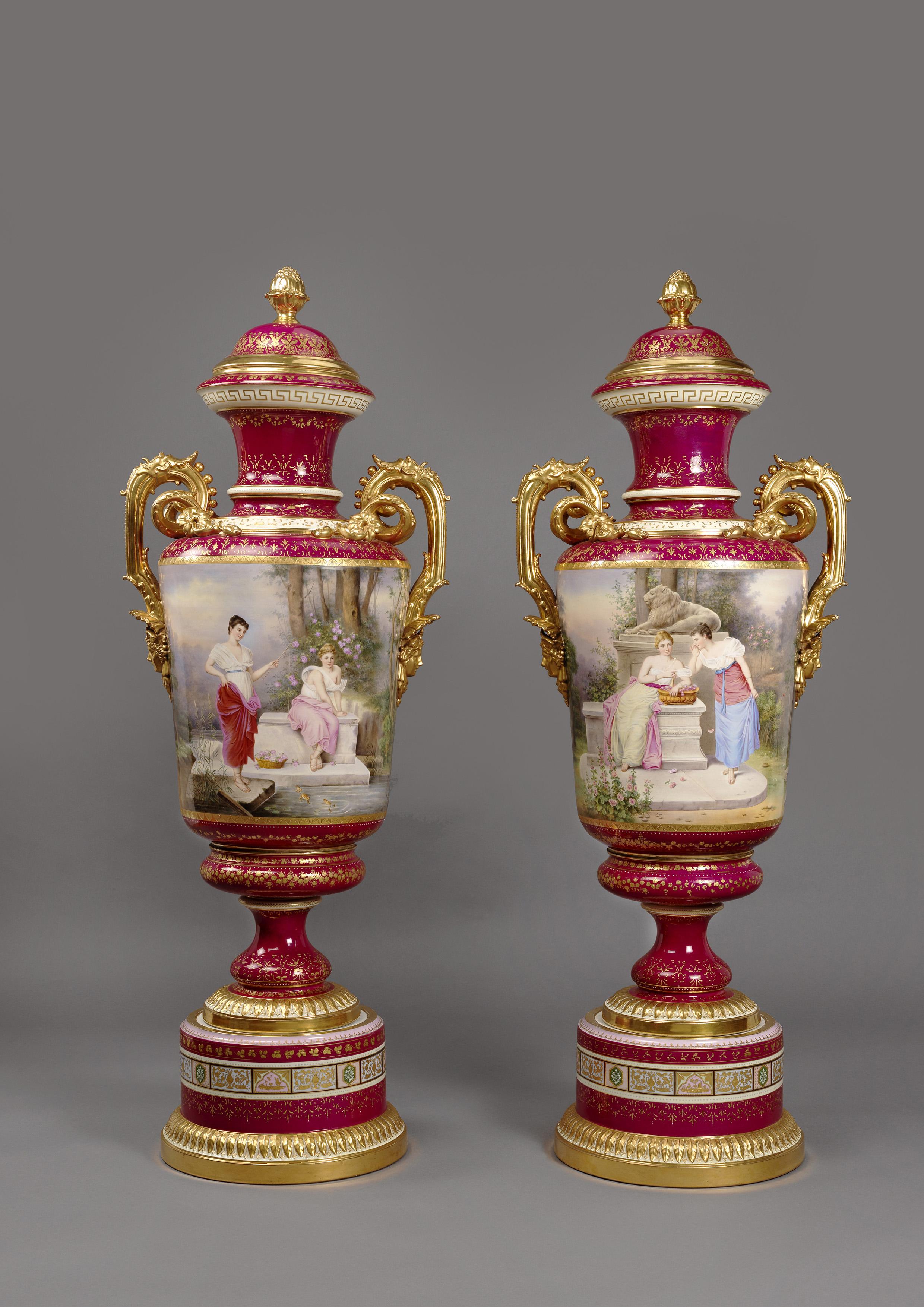 Austrian Large Pair of Magenta Ground Vienna Porcelain Exhibition Vases, circa 1900 For Sale