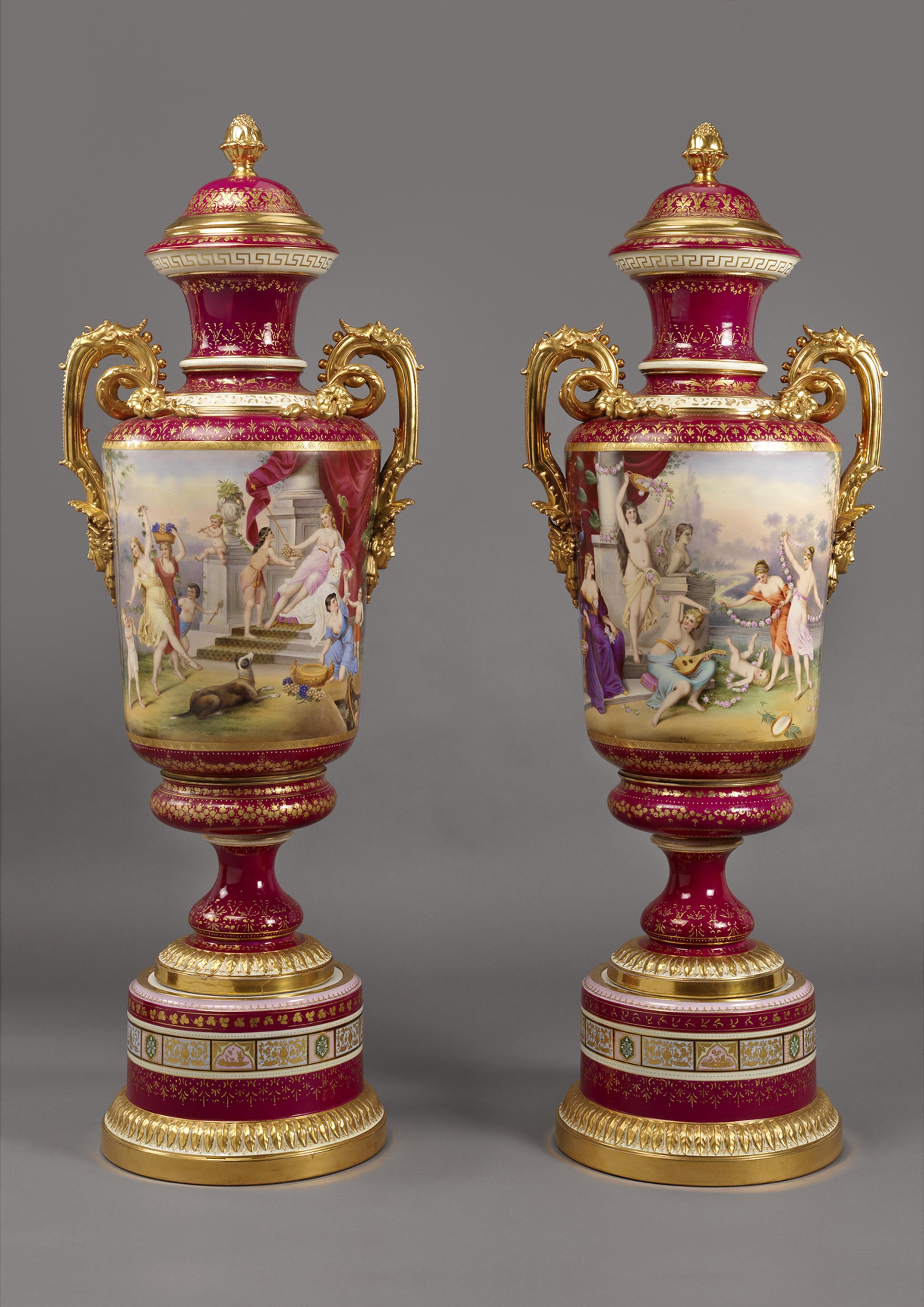 Painted Large Pair of Magenta Ground Vienna Porcelain Exhibition Vases, circa 1900 For Sale